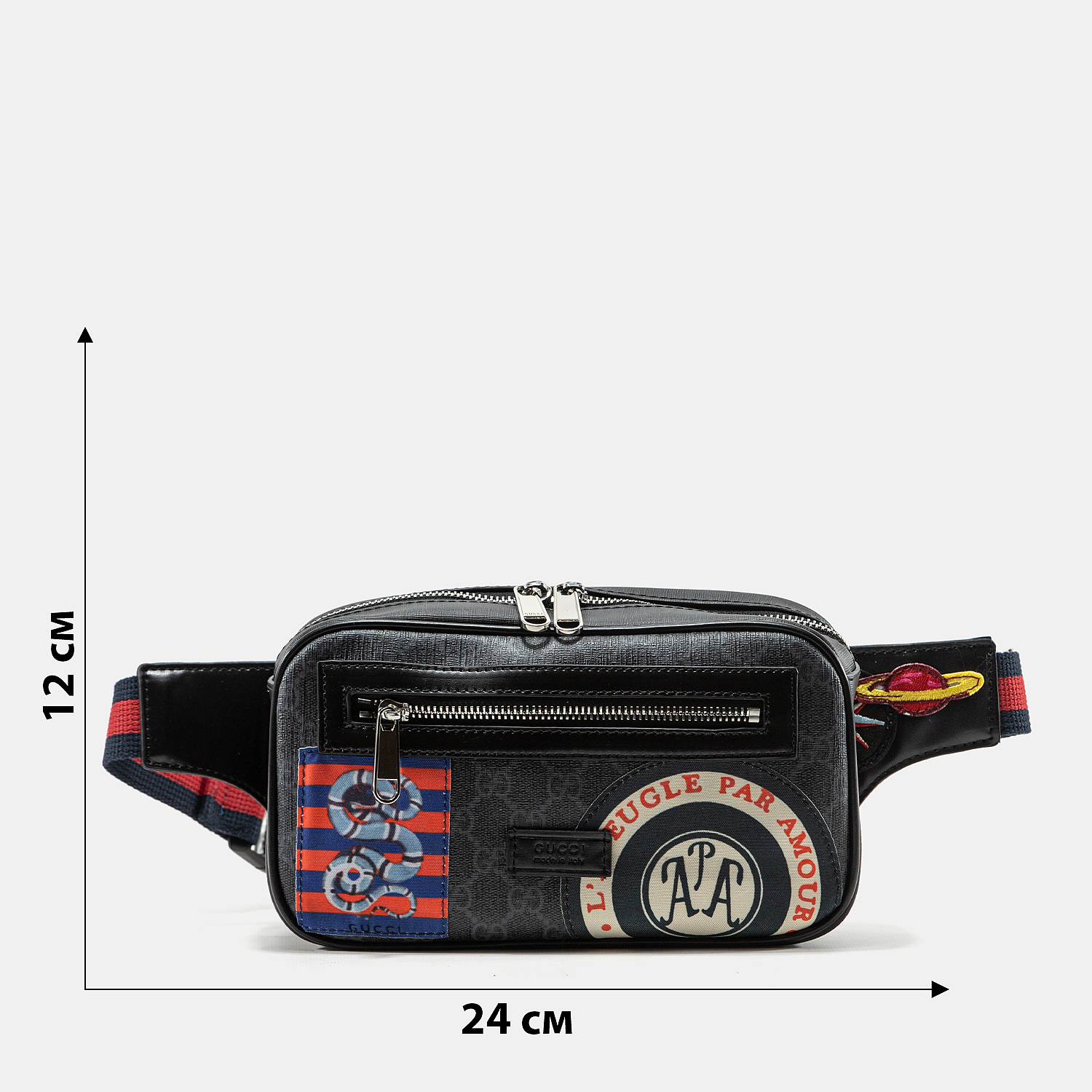 Gucci Small Belt Bag in Black GG Supreme Canvas with Patches - 3