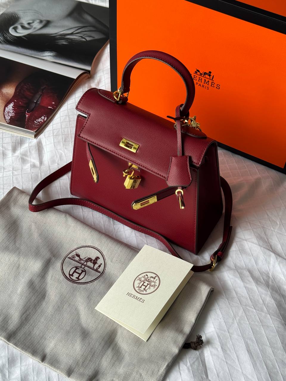 Hermès Kelly 25 Sellier Epsom Leather Bag in Rouge H (Bordeaux/Burgundy) - 13