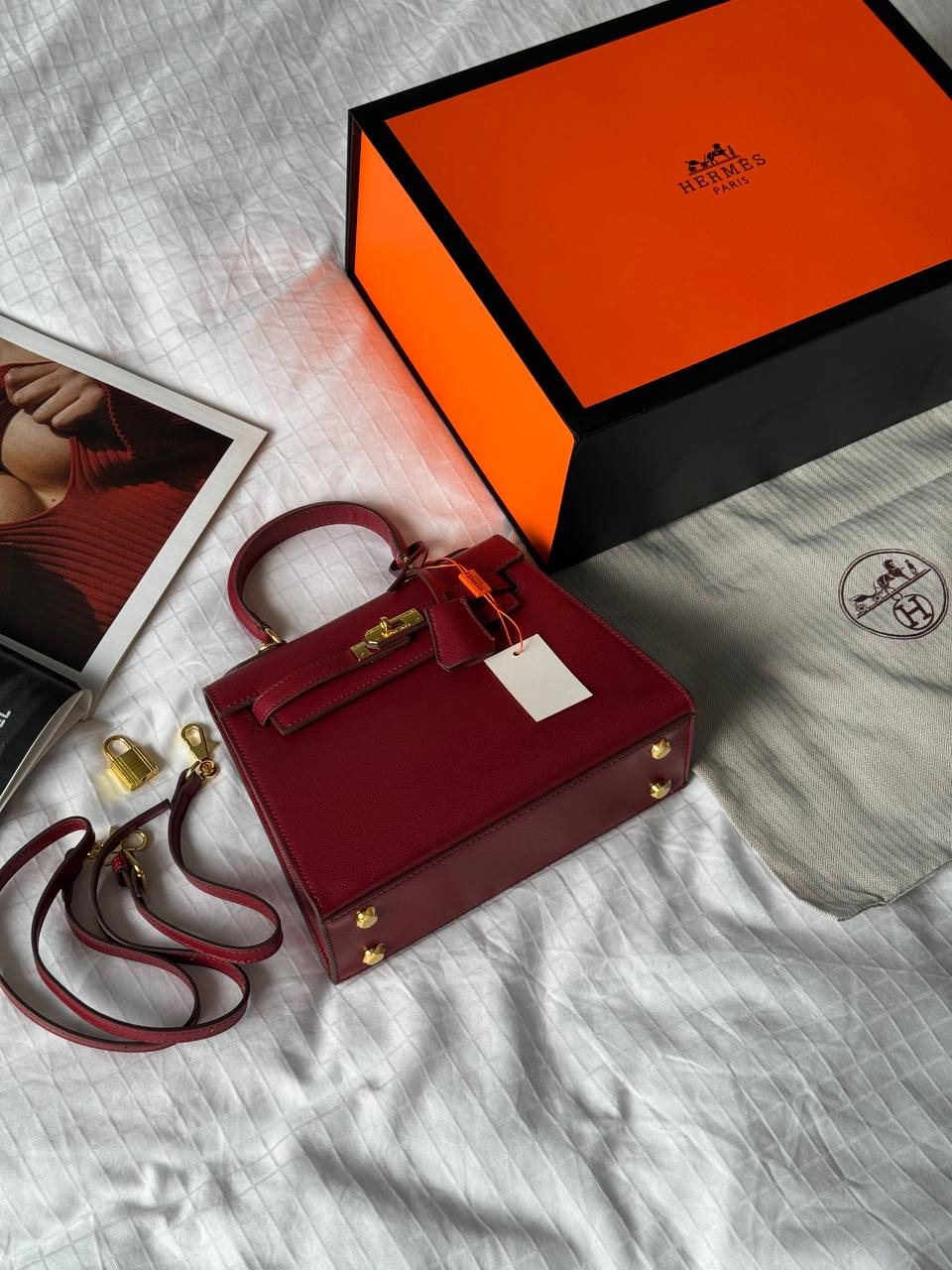 Hermès Kelly 25 Sellier Epsom Leather Bag in Rouge H (Bordeaux/Burgundy) - 15