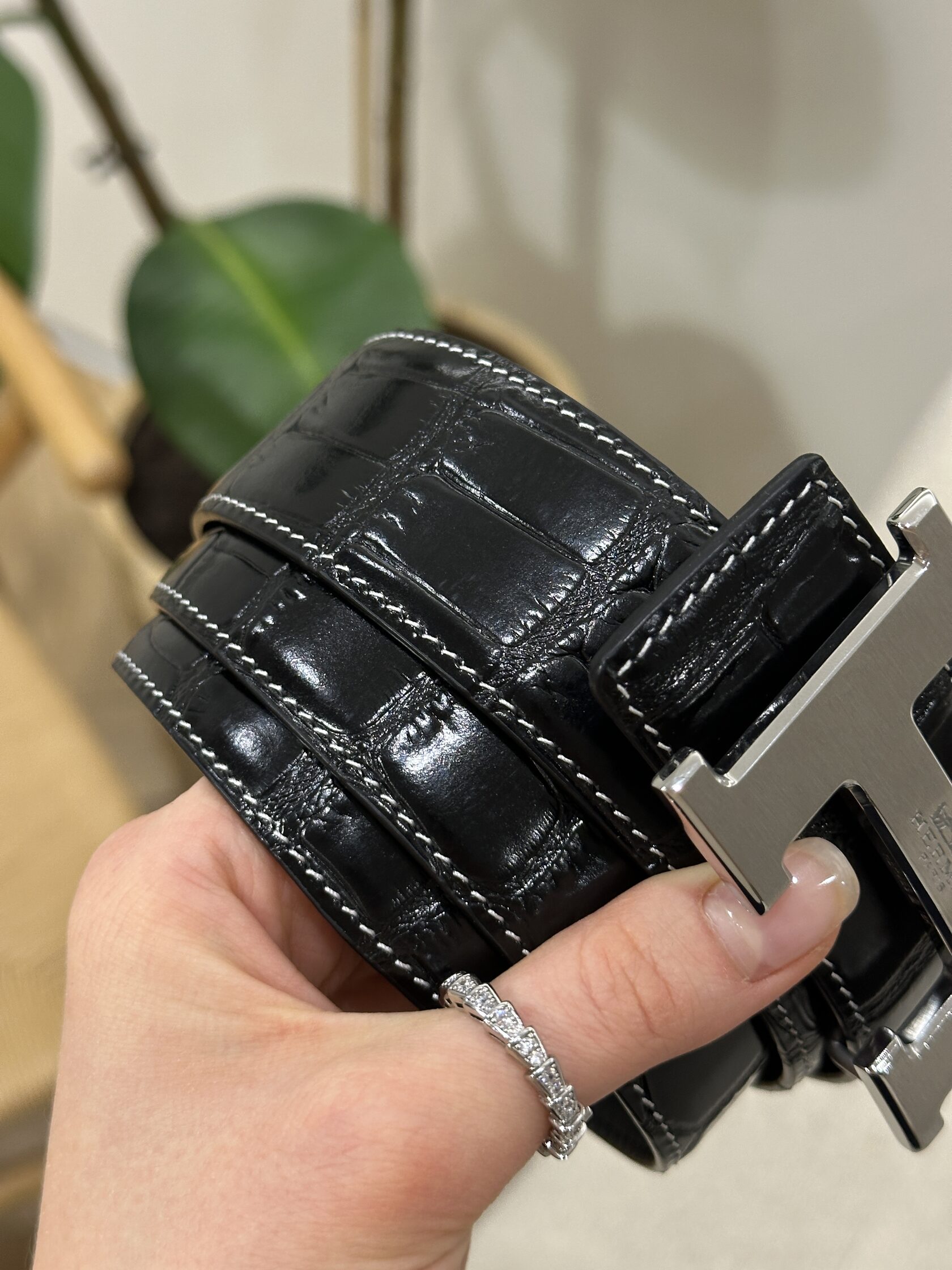 Hermes Constance Belt in Porosus crocodile Black/Silver - 11