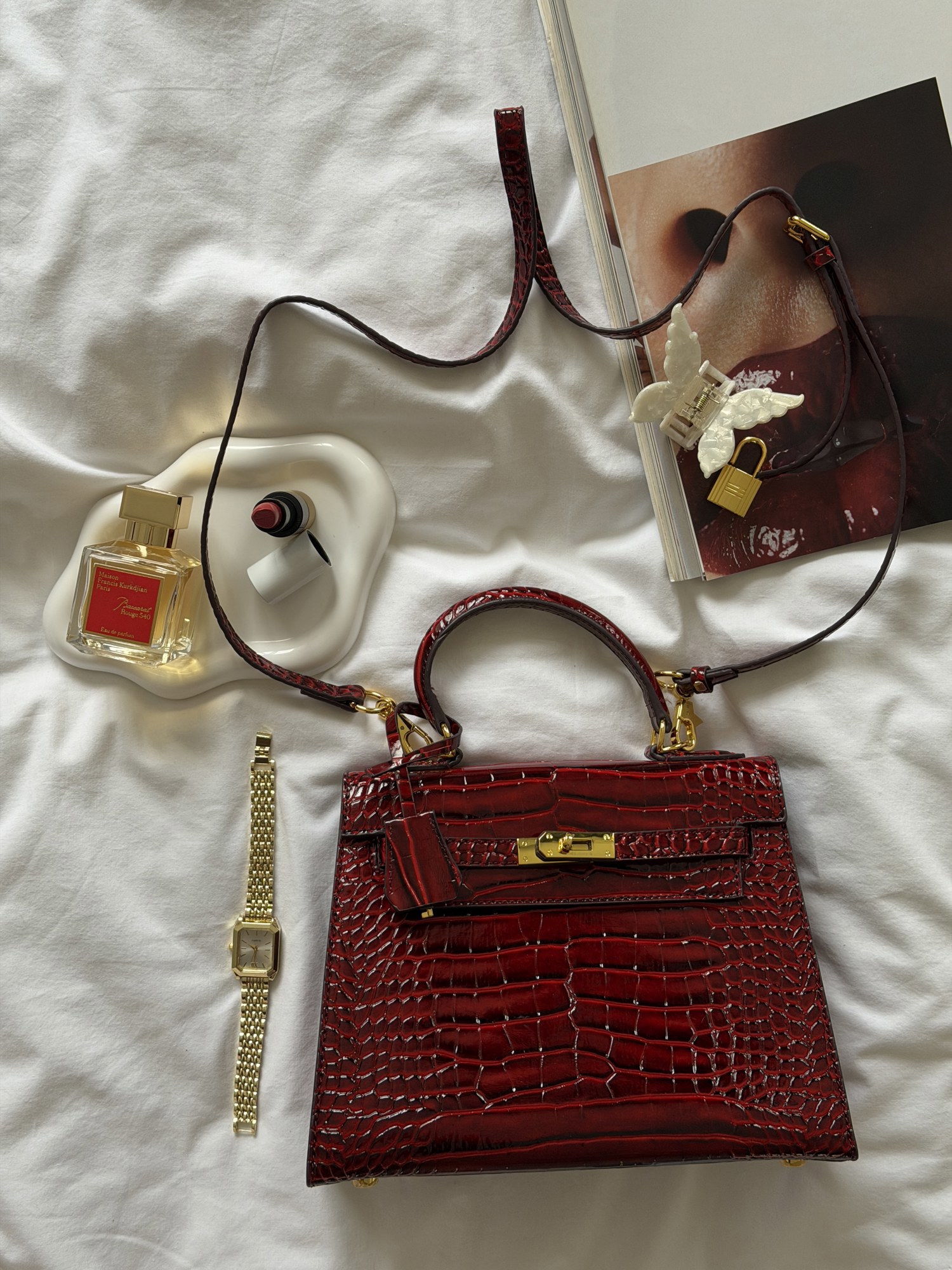 Hermes Kelly 25 Rouge H Shiny Porosus Crocodile Leather Red - 15