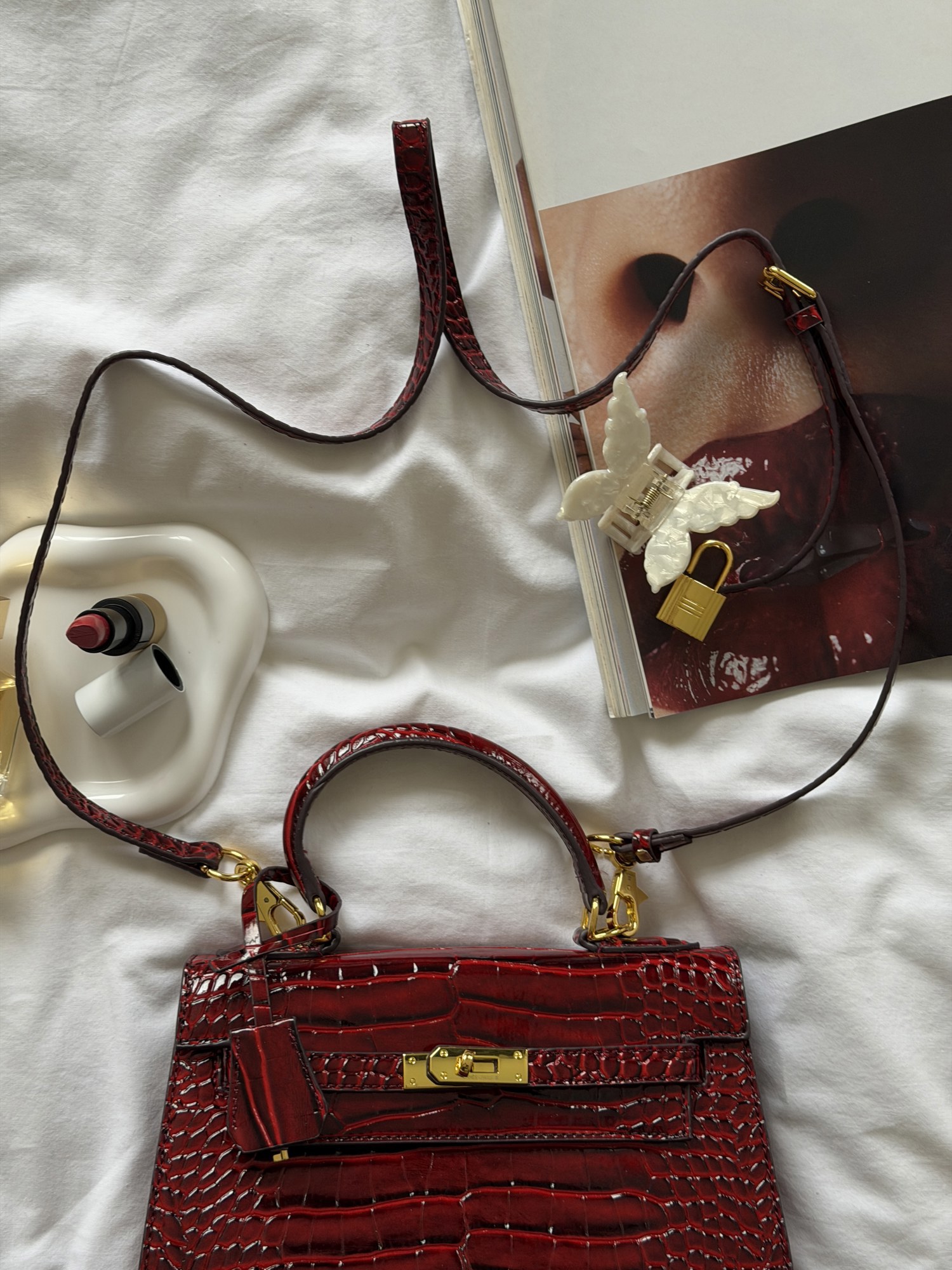 Hermes Kelly 25 Rouge H Shiny Porosus Crocodile Leather Red - 14