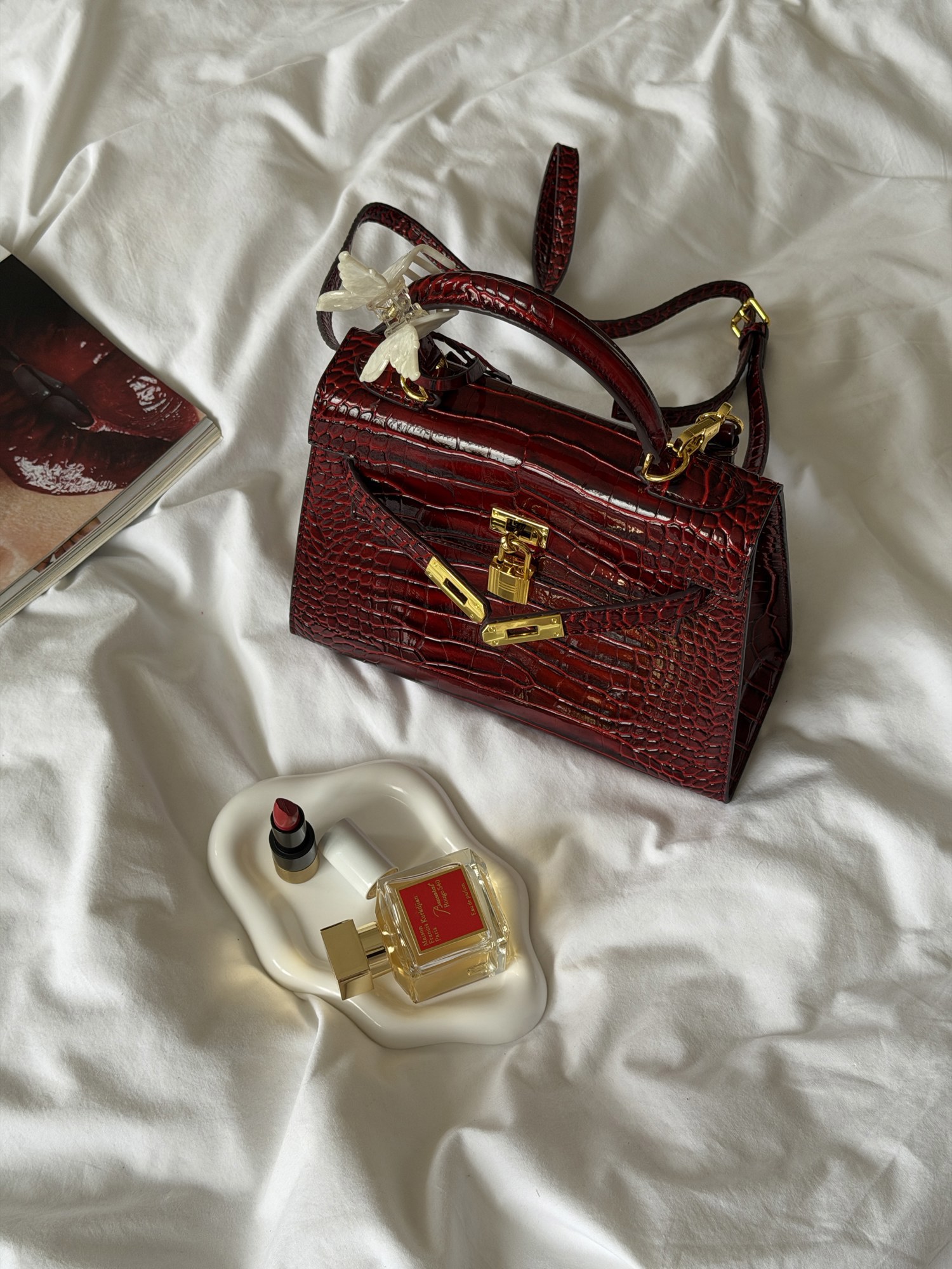 Hermes Kelly 25 Rouge H Shiny Porosus Crocodile Leather Red - 9