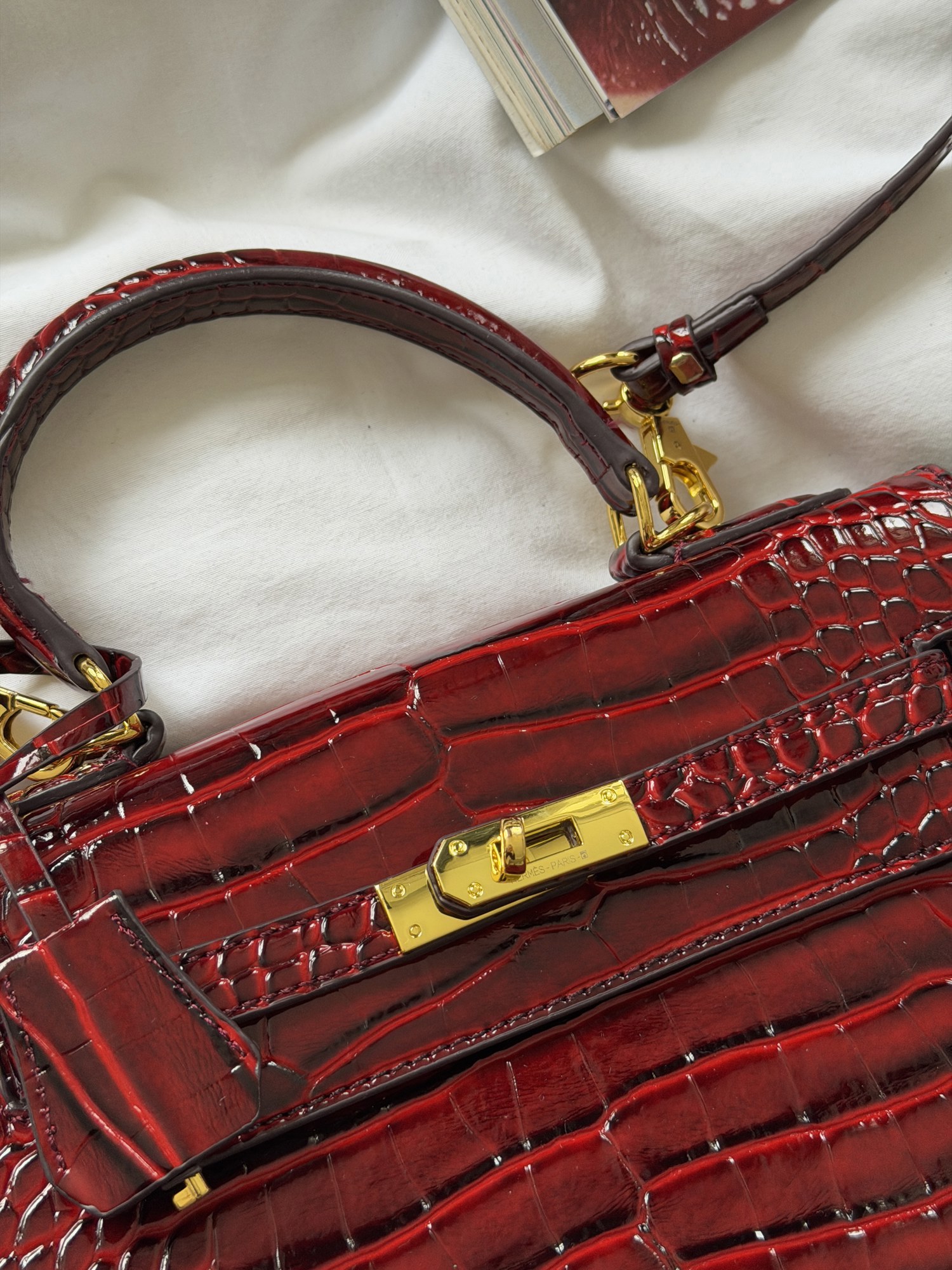 Hermes Kelly 25 Rouge H Shiny Porosus Crocodile Leather Red - 12