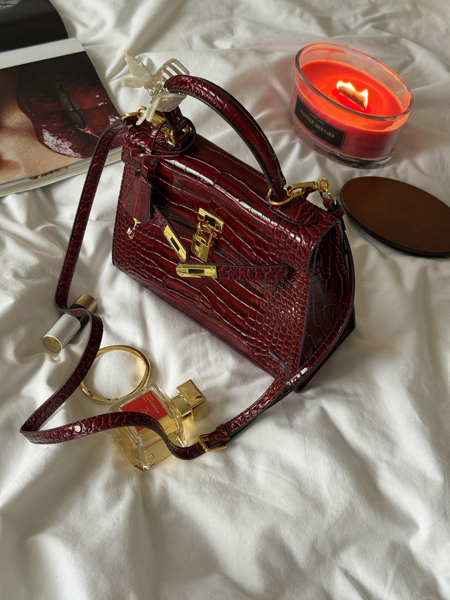 Hermes Kelly 25 Rouge H Shiny Porosus Crocodile Leather Red - 10
