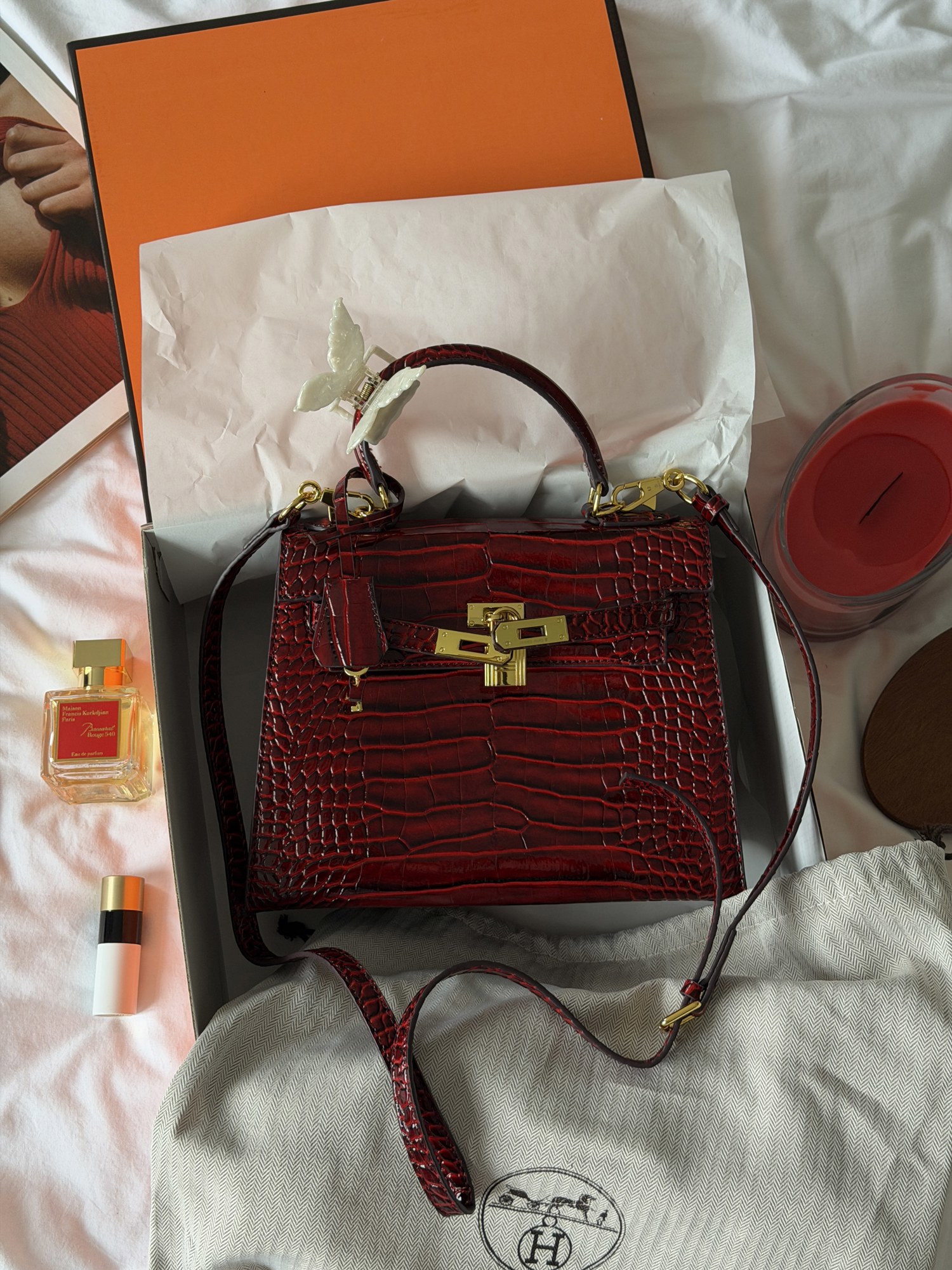 Hermes Kelly 25 Rouge H Shiny Porosus Crocodile Leather Red - 5