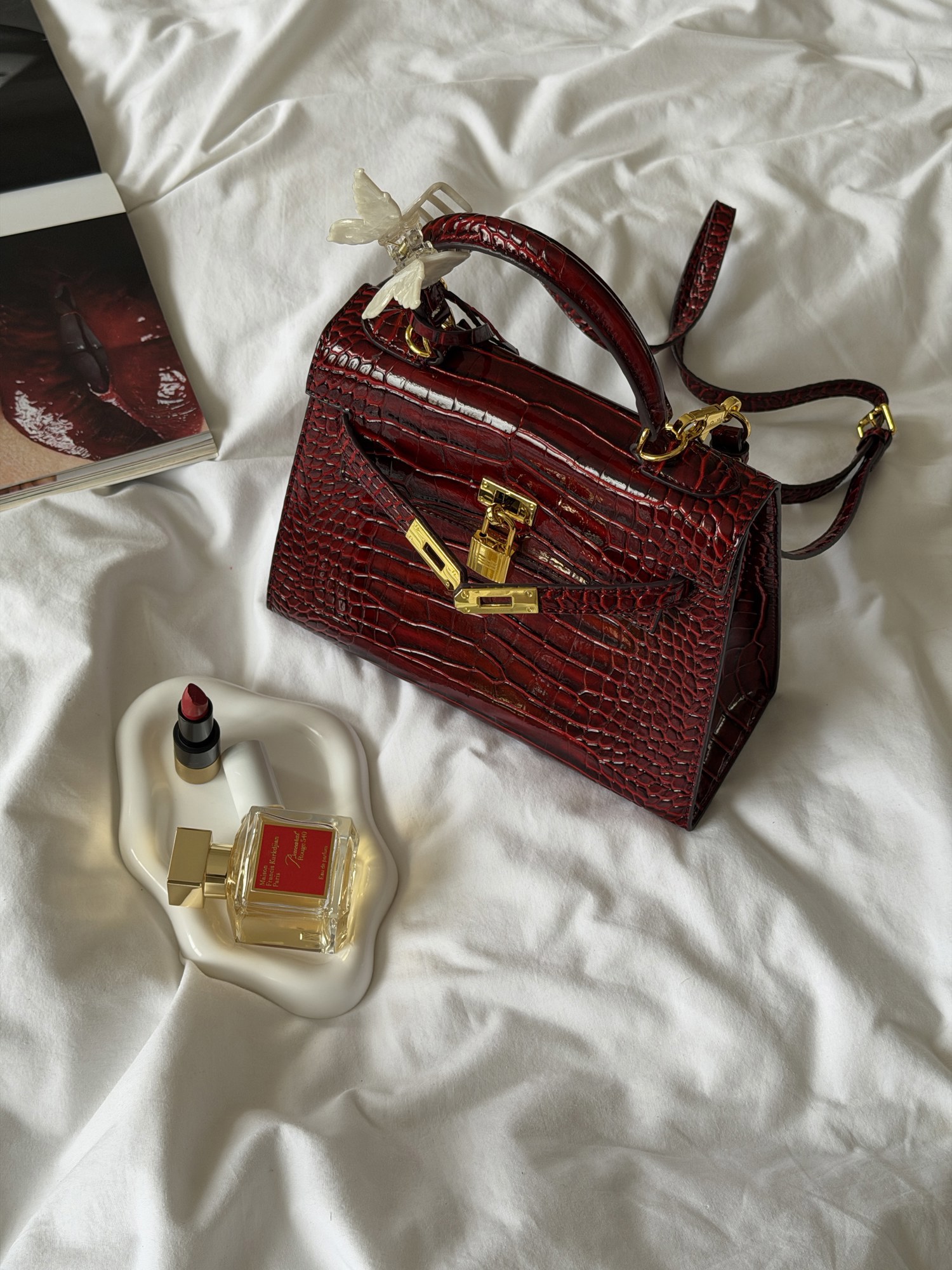 Hermes Kelly 25 Rouge H Shiny Porosus Crocodile Leather Red - 8