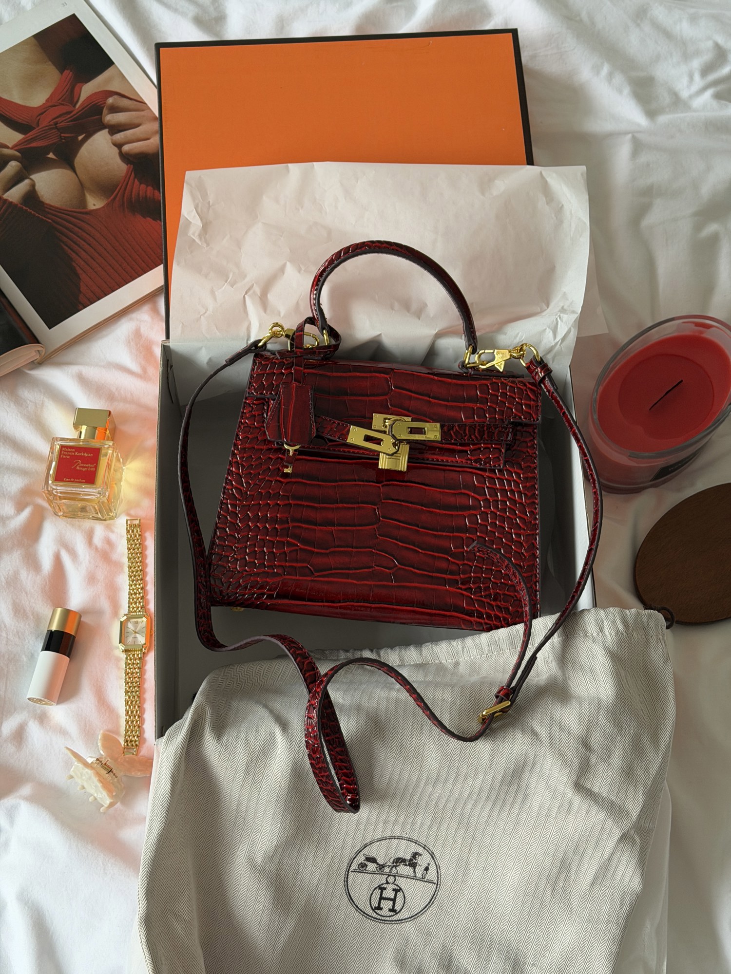 Hermes Kelly 25 Rouge H Shiny Porosus Crocodile Leather Red - 3