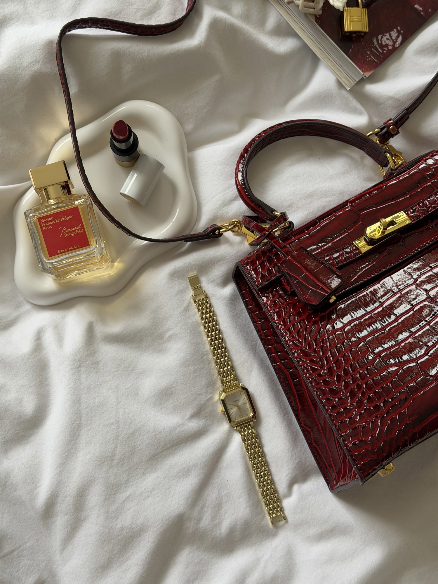 Hermes Kelly 25 Rouge H Shiny Porosus Crocodile Leather Red - 11