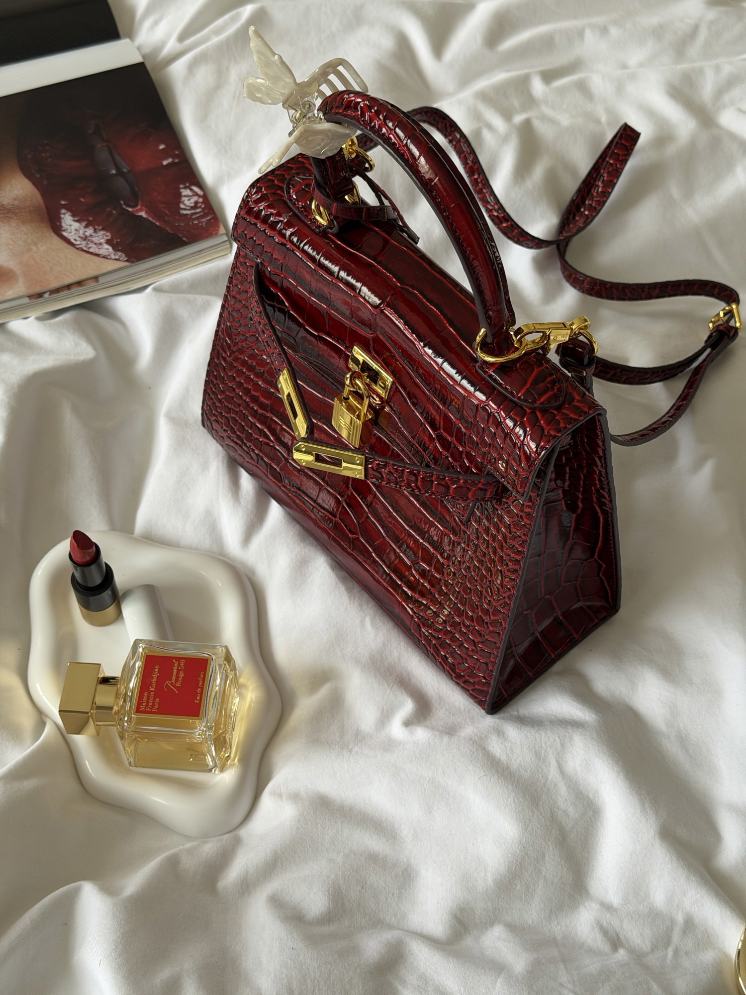 Hermes Kelly 25 Rouge H Shiny Porosus Crocodile Leather Red - 13