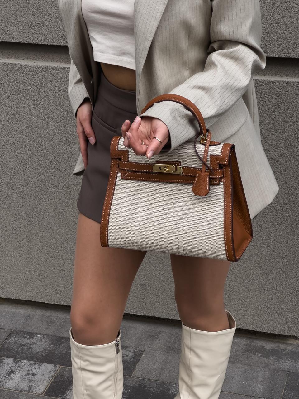 Hermes Kelly Handbag Ecru Toile and Gold Courchevel with Gold Hardware - 15