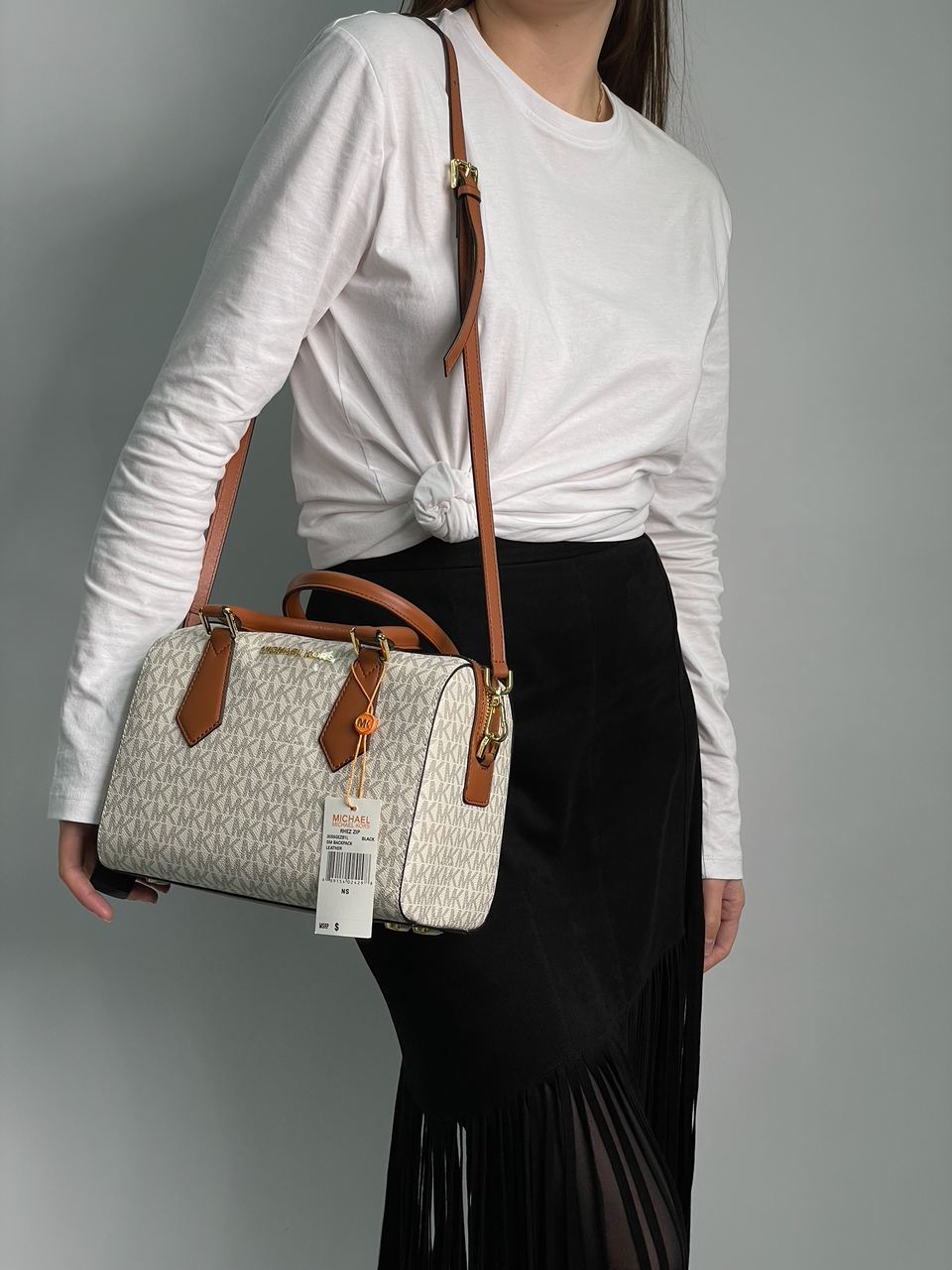 Michael Kors Small Hayes Duffle Crossbody Bag Vanilla/Luggage - 6