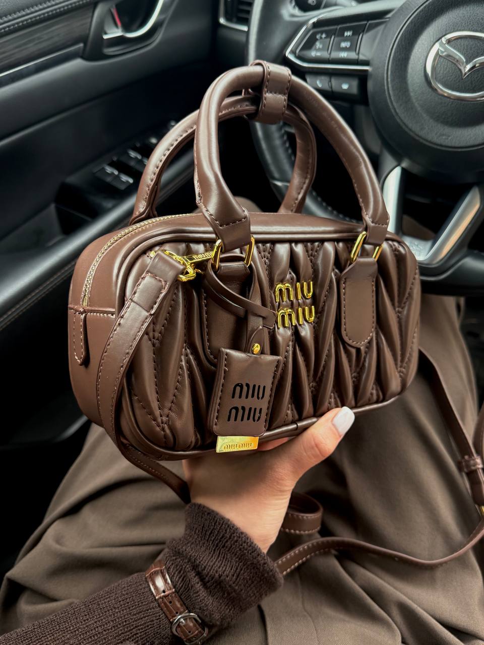Miu Miu Arcadie Matelassé Nappa Leather Bag Chocolate - 9