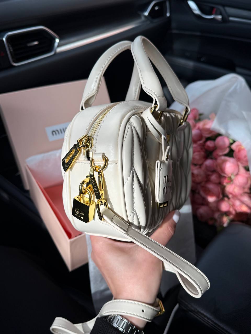 Miu Miu Arcadie Matelassé Nappa Leather Bag Cream - 7