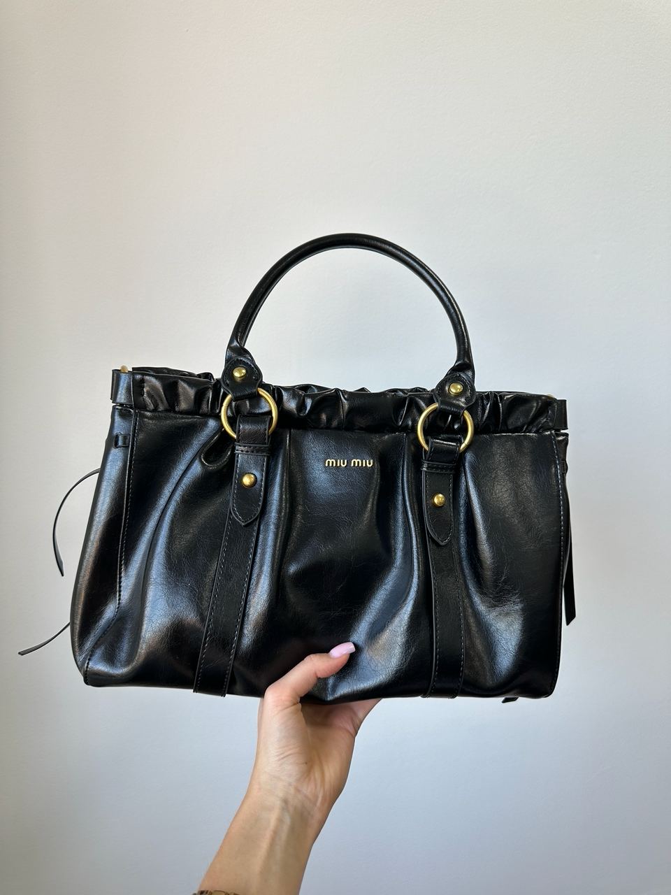 Miu Miu Black Vitello Lux Leather Gathered Tote - 5