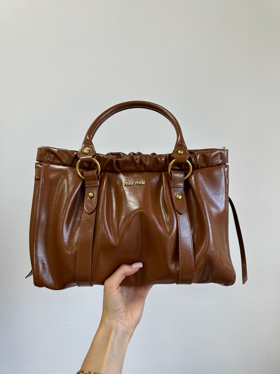 Miu Miu Brown Vitello Lux Leather Gathered Tote - 3
