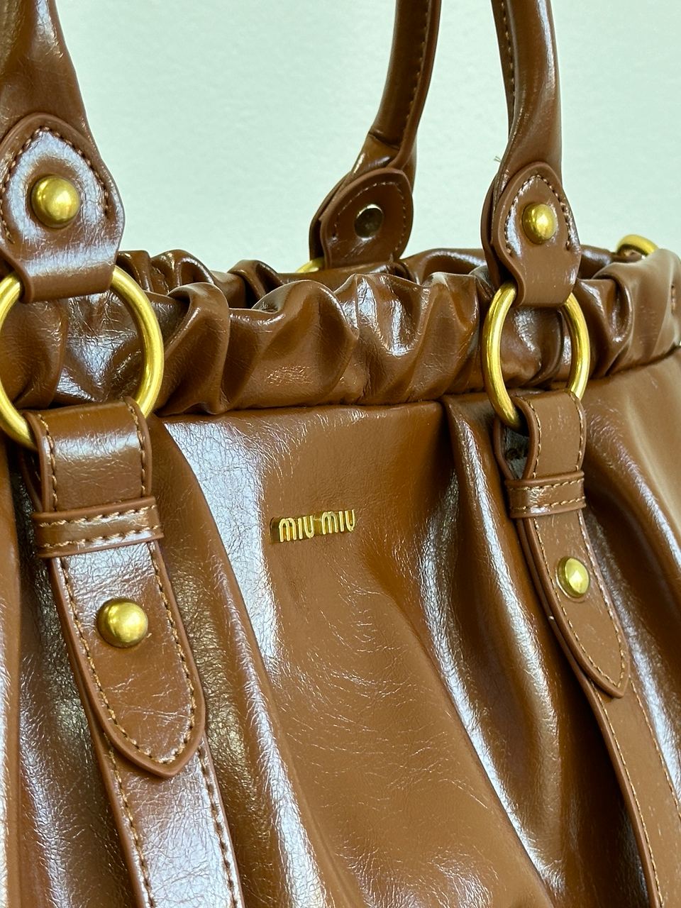 Miu Miu Brown Vitello Lux Leather Gathered Tote - 4