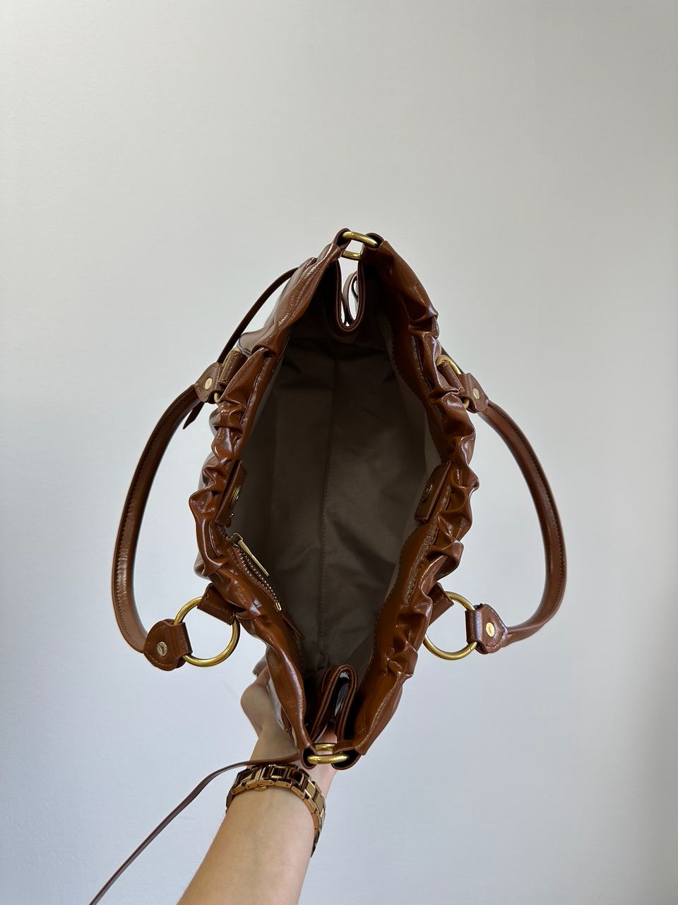 Miu Miu Brown Vitello Lux Leather Gathered Tote - 8