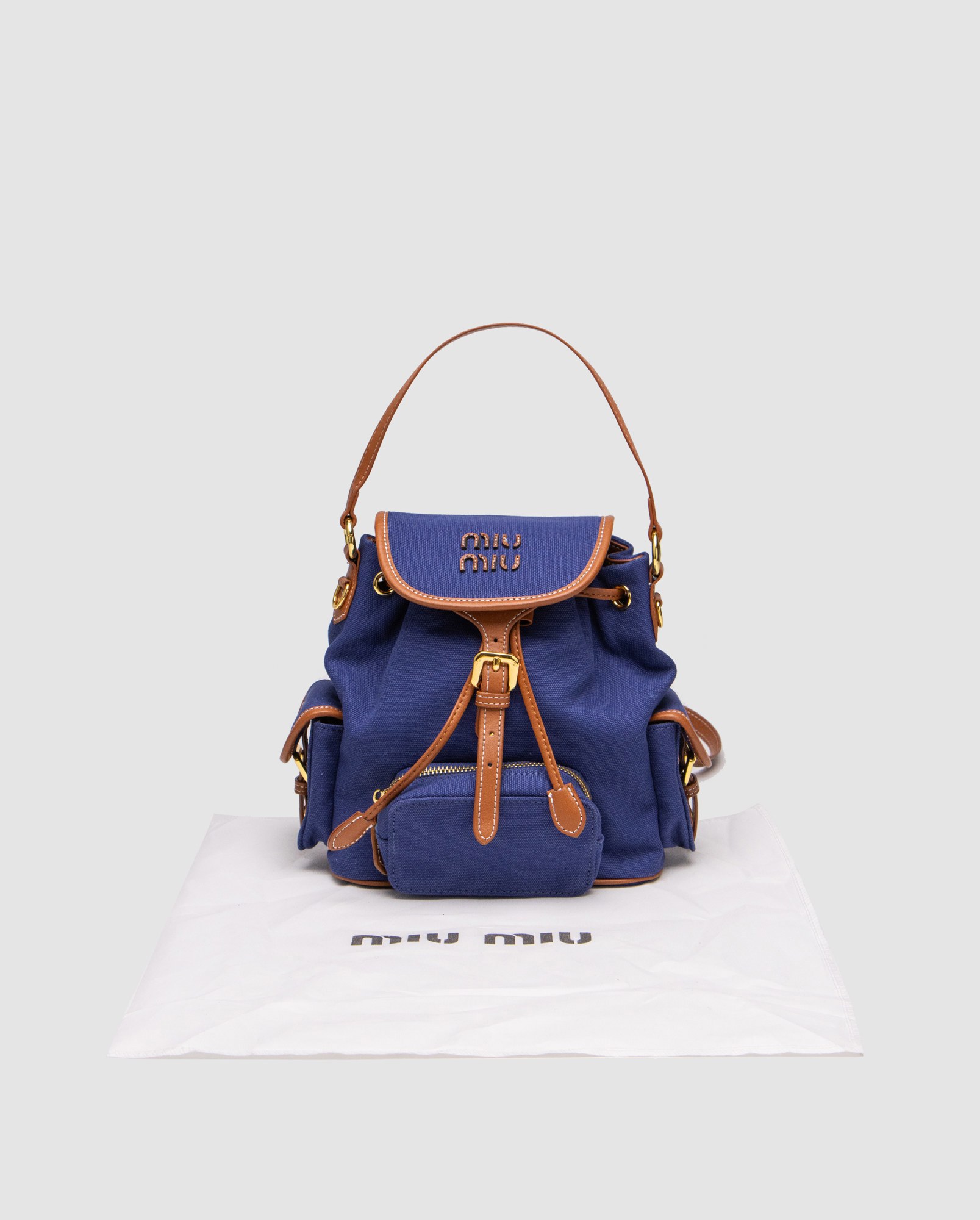 Miu Miu Canvas and Leather Backpack Blue/Brandy - 5