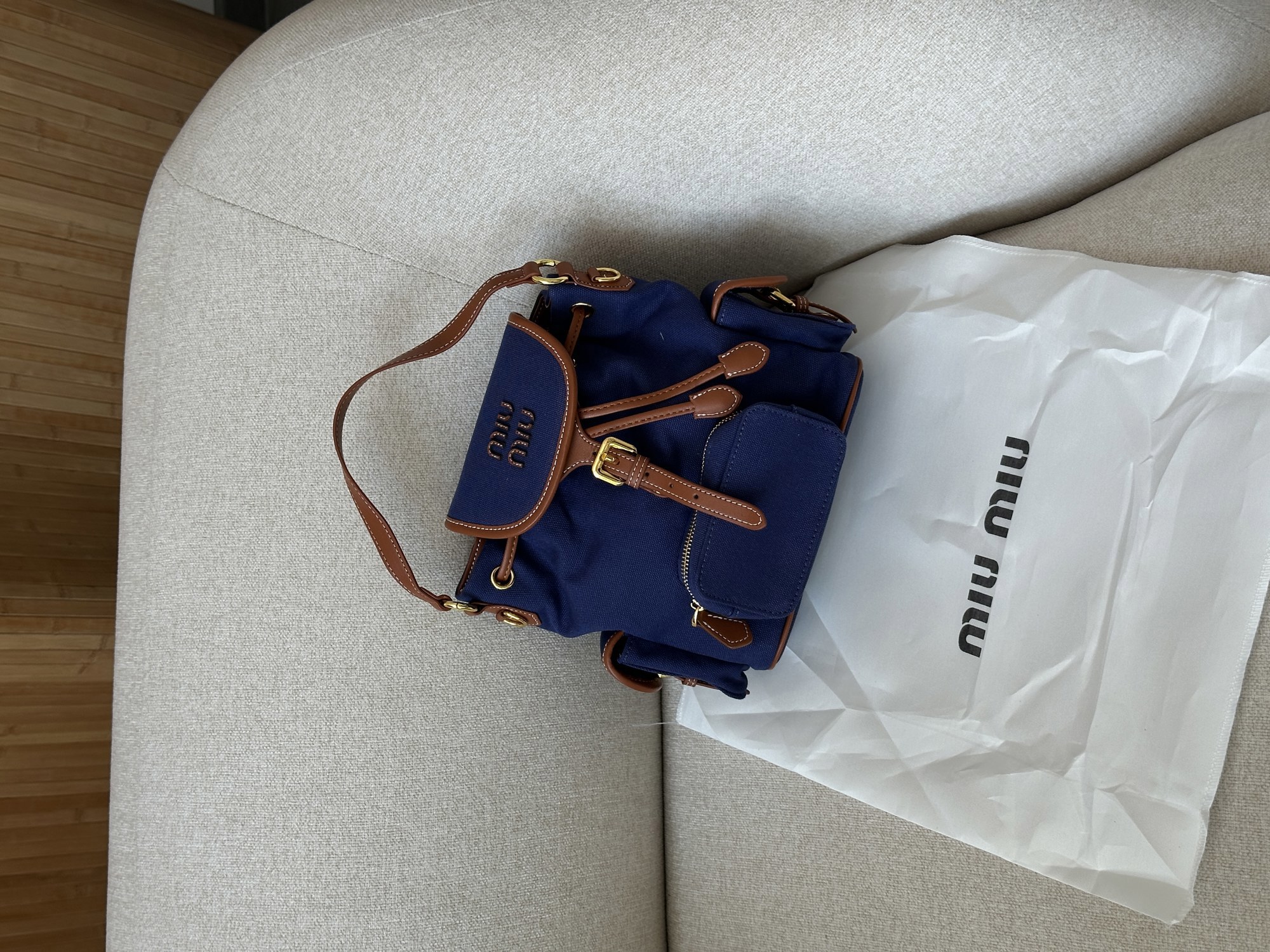 Miu Miu Canvas and Leather Backpack Blue/Brandy - 11