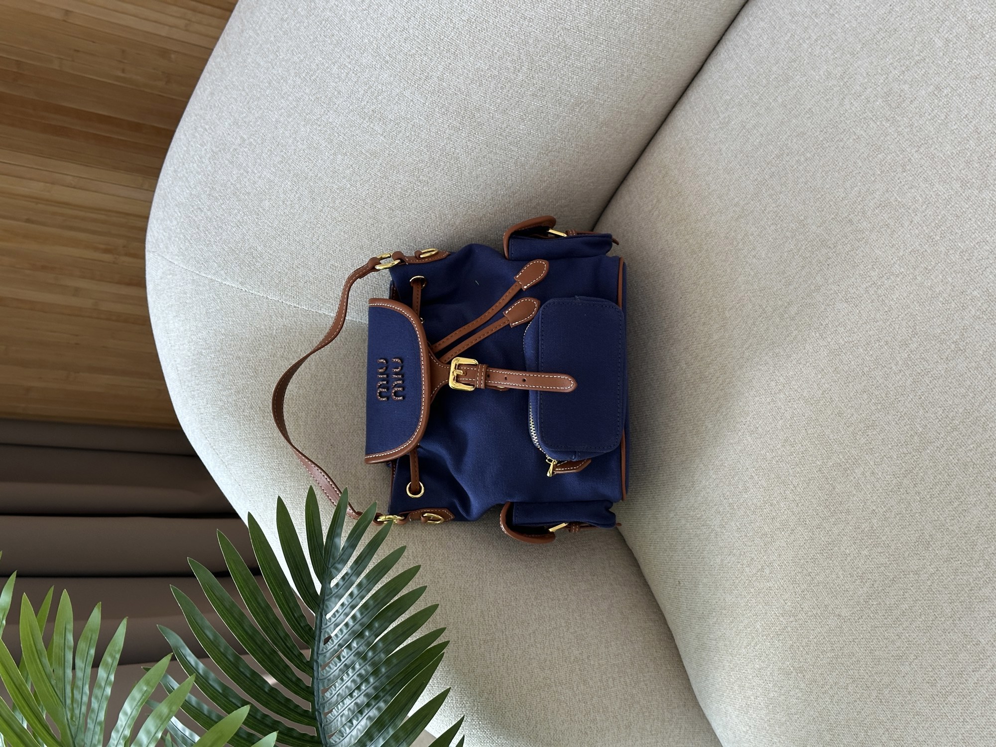 Miu Miu Canvas and Leather Backpack Blue/Brandy - 12