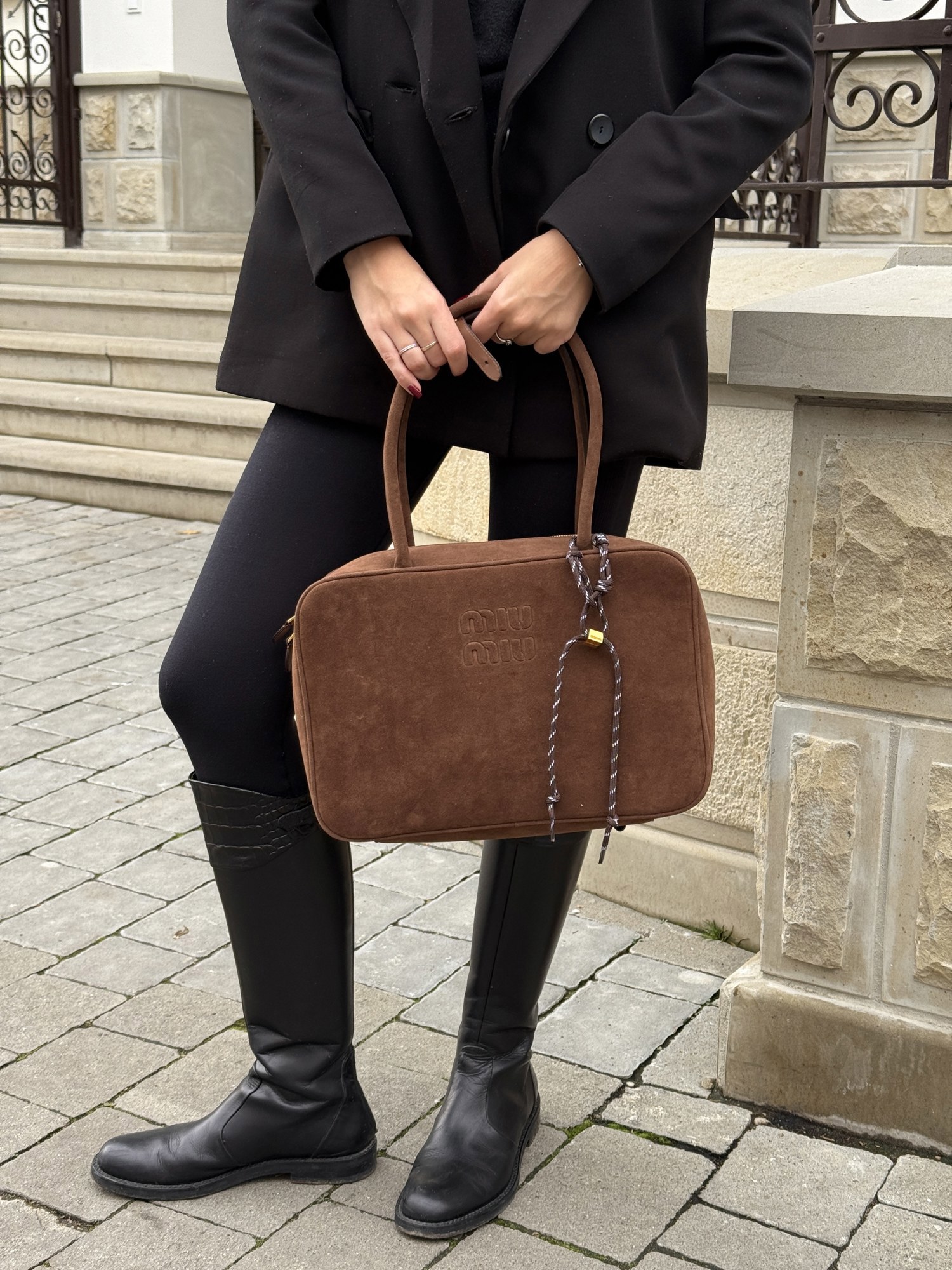 Miu Miu Chocolate Suede Beau Top-Handle Bag - 9