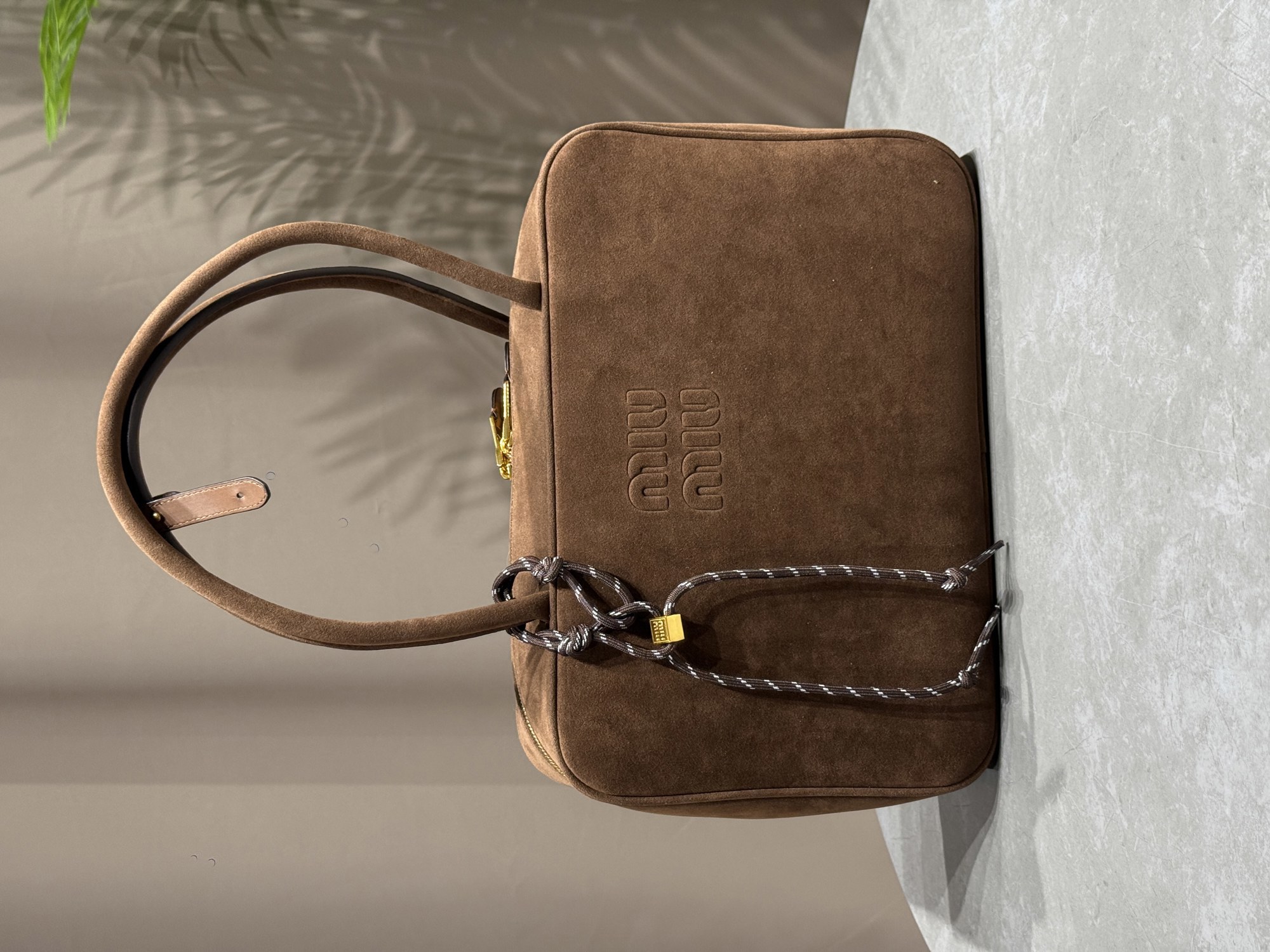 Miu Miu Chocolate Suede Beau Top-Handle Bag - 13