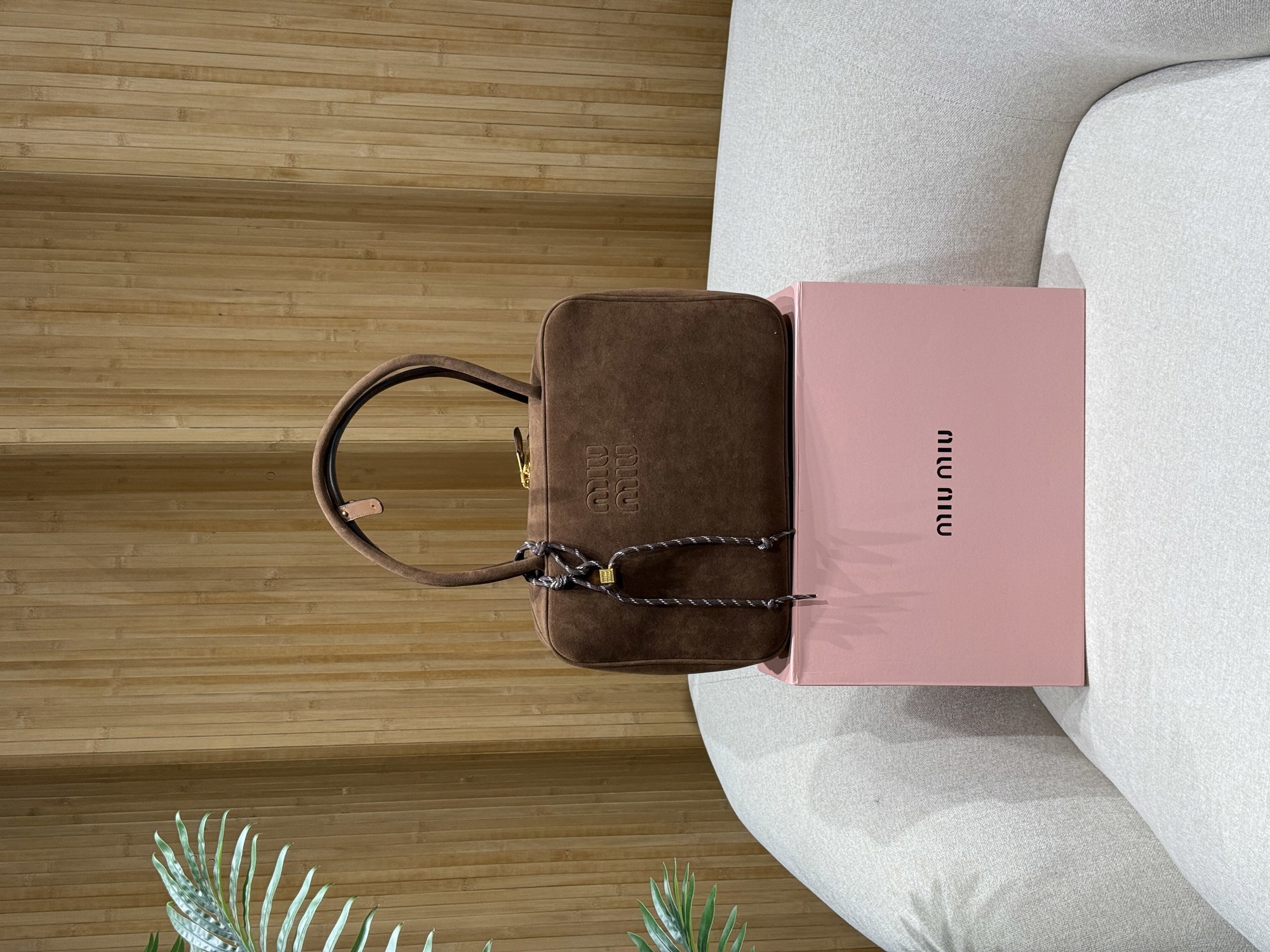 Miu Miu Chocolate Suede Beau Top-Handle Bag - 14