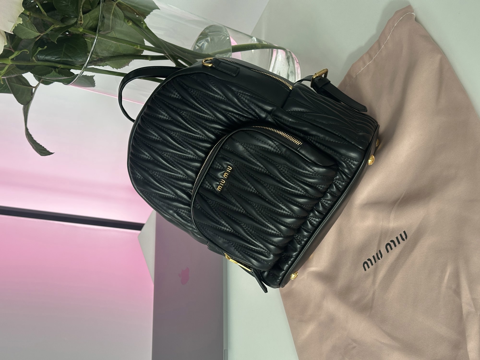 Miu Miu Matelassé Nappa Leather Backpack Black - 12