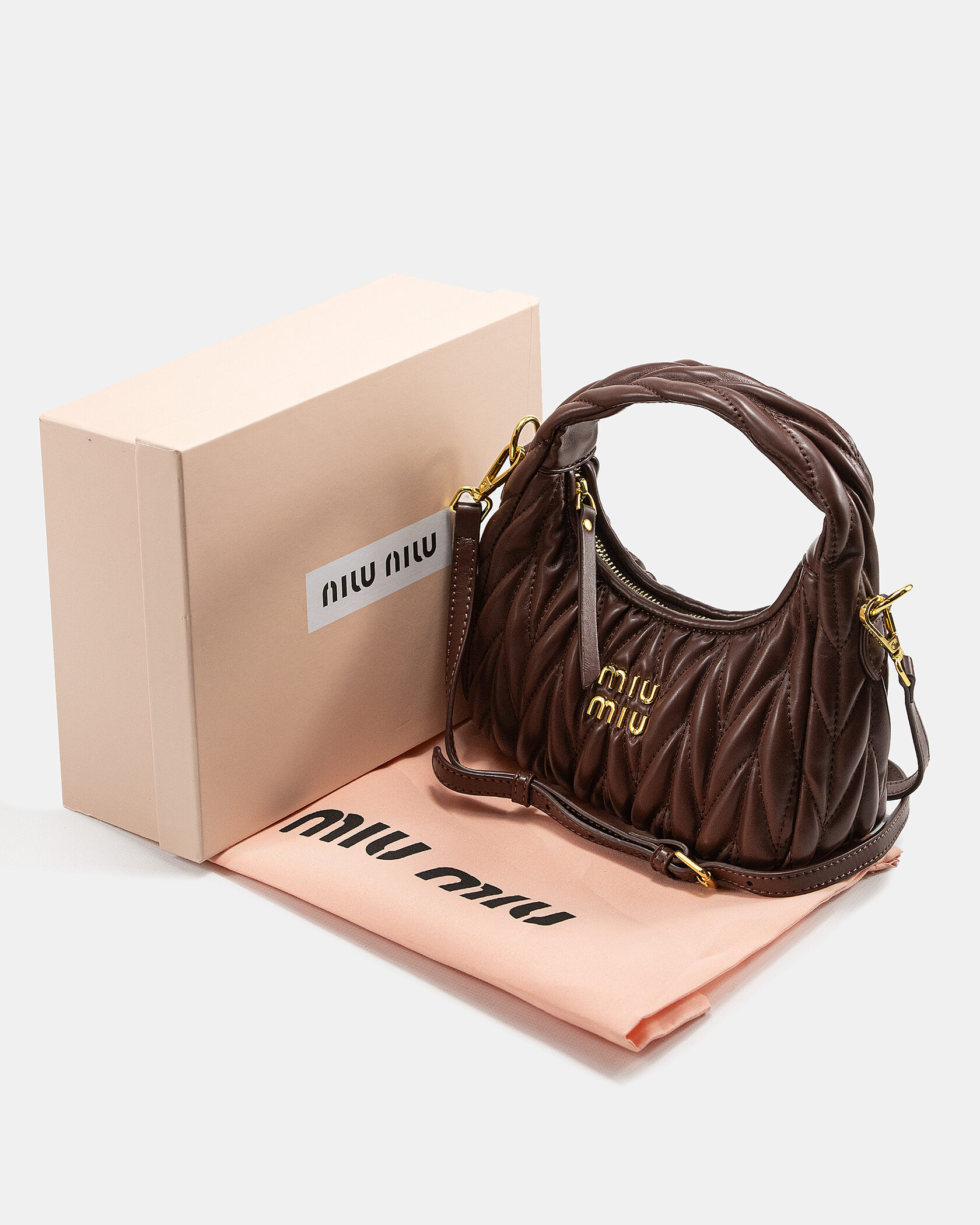 Miu Miu Wander Matelassé Nappa Leather Mini Hobo Bag Brown - 2