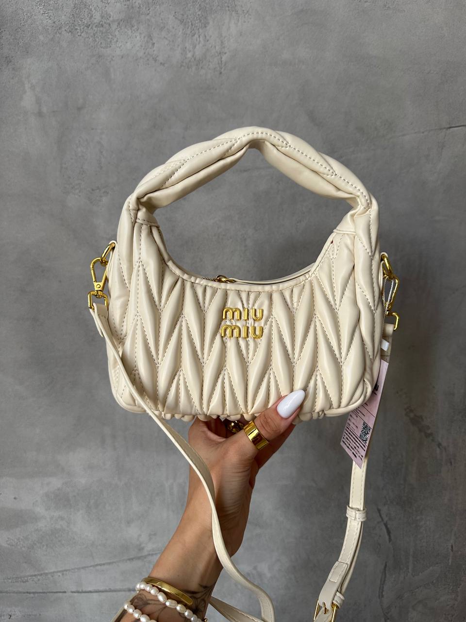 Miu Miu Wander Matelassé Nappa Leather Mini Hobo Bag Cream - 3