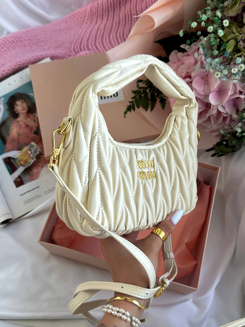 Miu Miu Wander Matelassé Nappa Leather Mini Hobo Bag Cream - 8