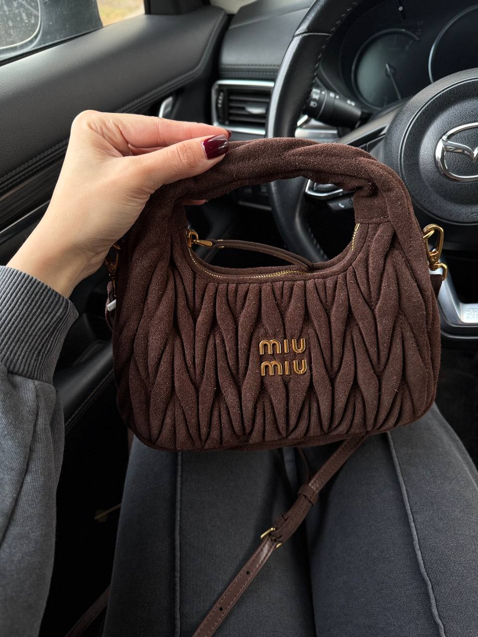Miu Miu Wander Matelassé Nappa Suede Mini Hobo Bag Brown - 2