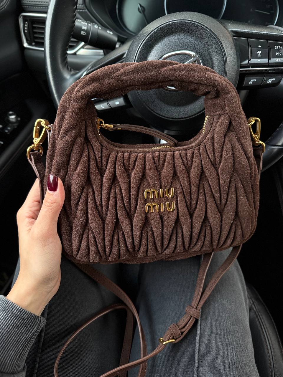 Miu Miu Wander Matelassé Nappa Suede Mini Hobo Bag Brown - 3