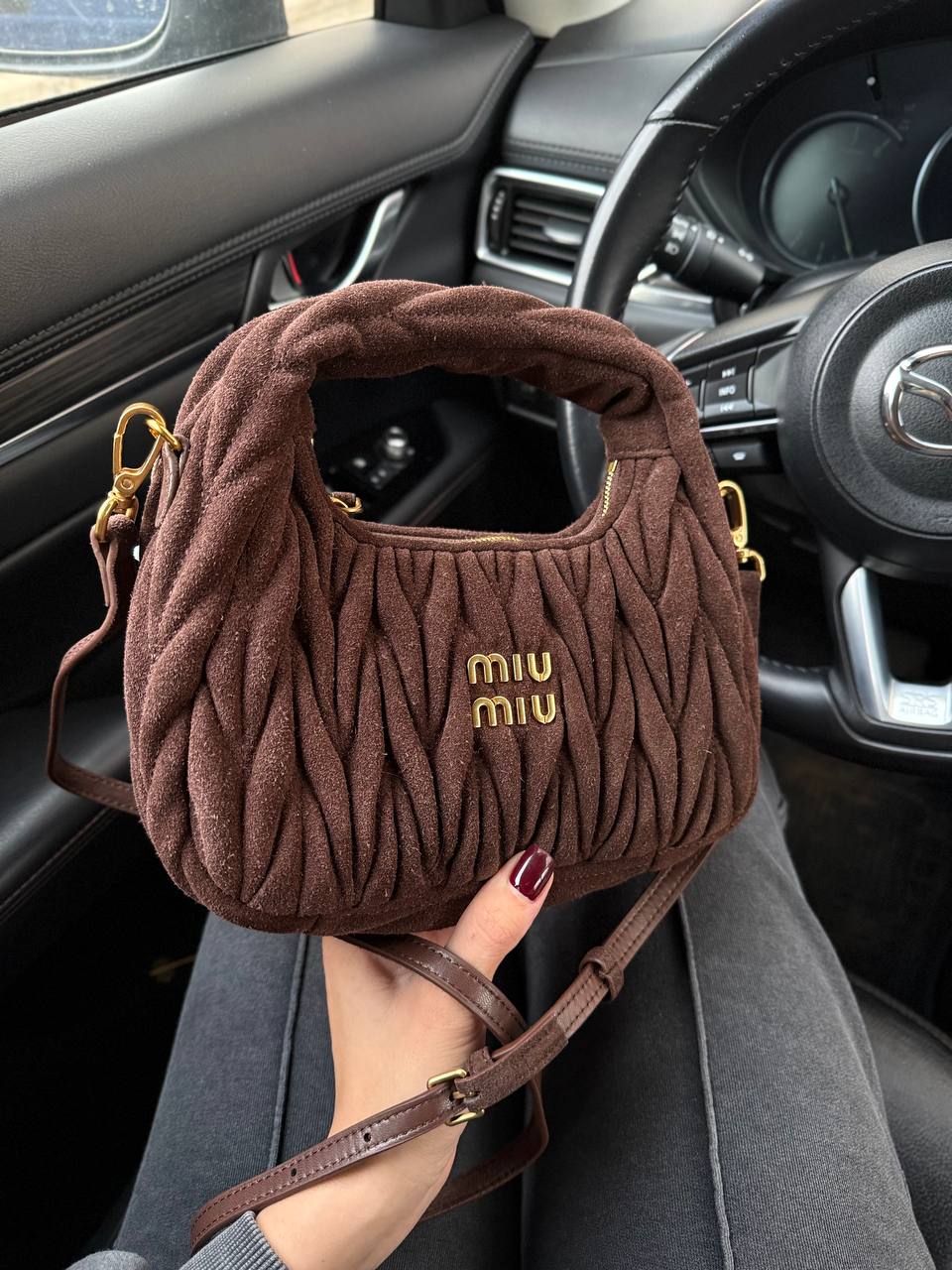 Miu Miu Wander Matelassé Nappa Suede Mini Hobo Bag Brown - 4