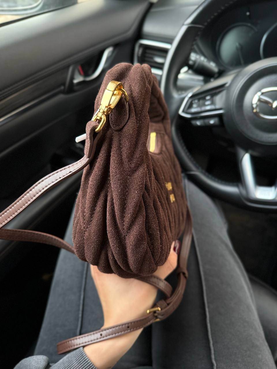 Miu Miu Wander Matelassé Nappa Suede Mini Hobo Bag Brown - 8