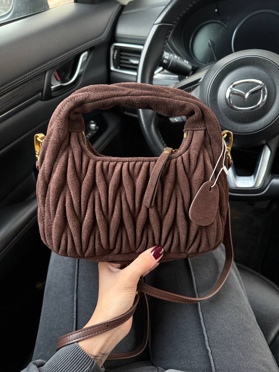 Miu Miu Wander Matelassé Nappa Suede Mini Hobo Bag Brown - 9