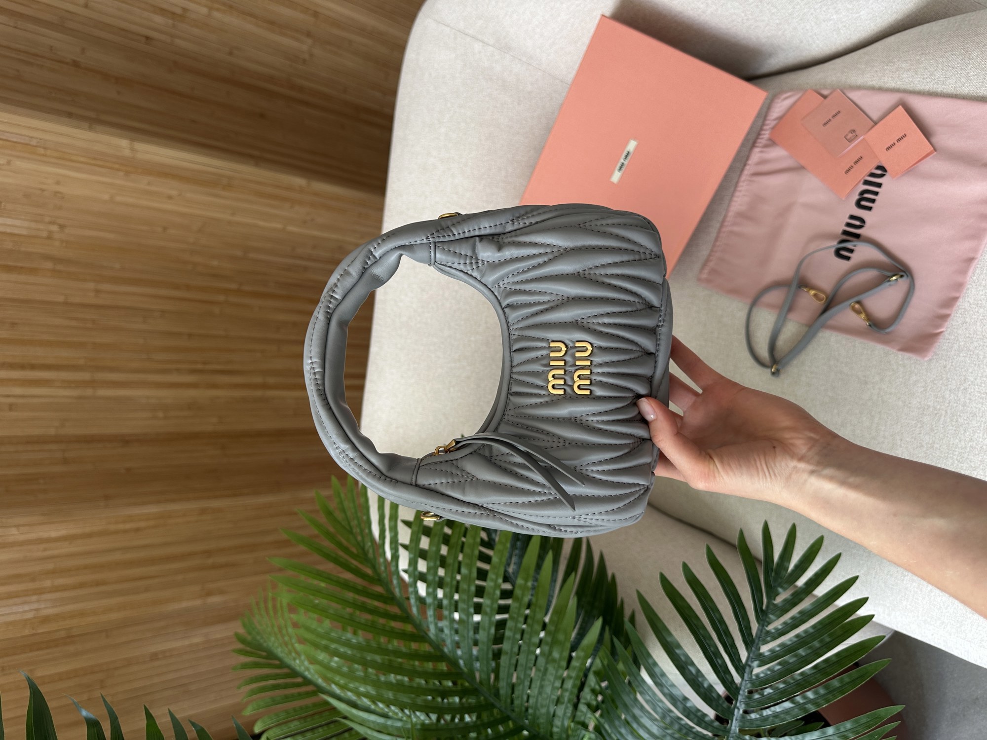 Miu Miu Wander Matelassé Nappa Leather Mini Hobo Bag Grey - 14