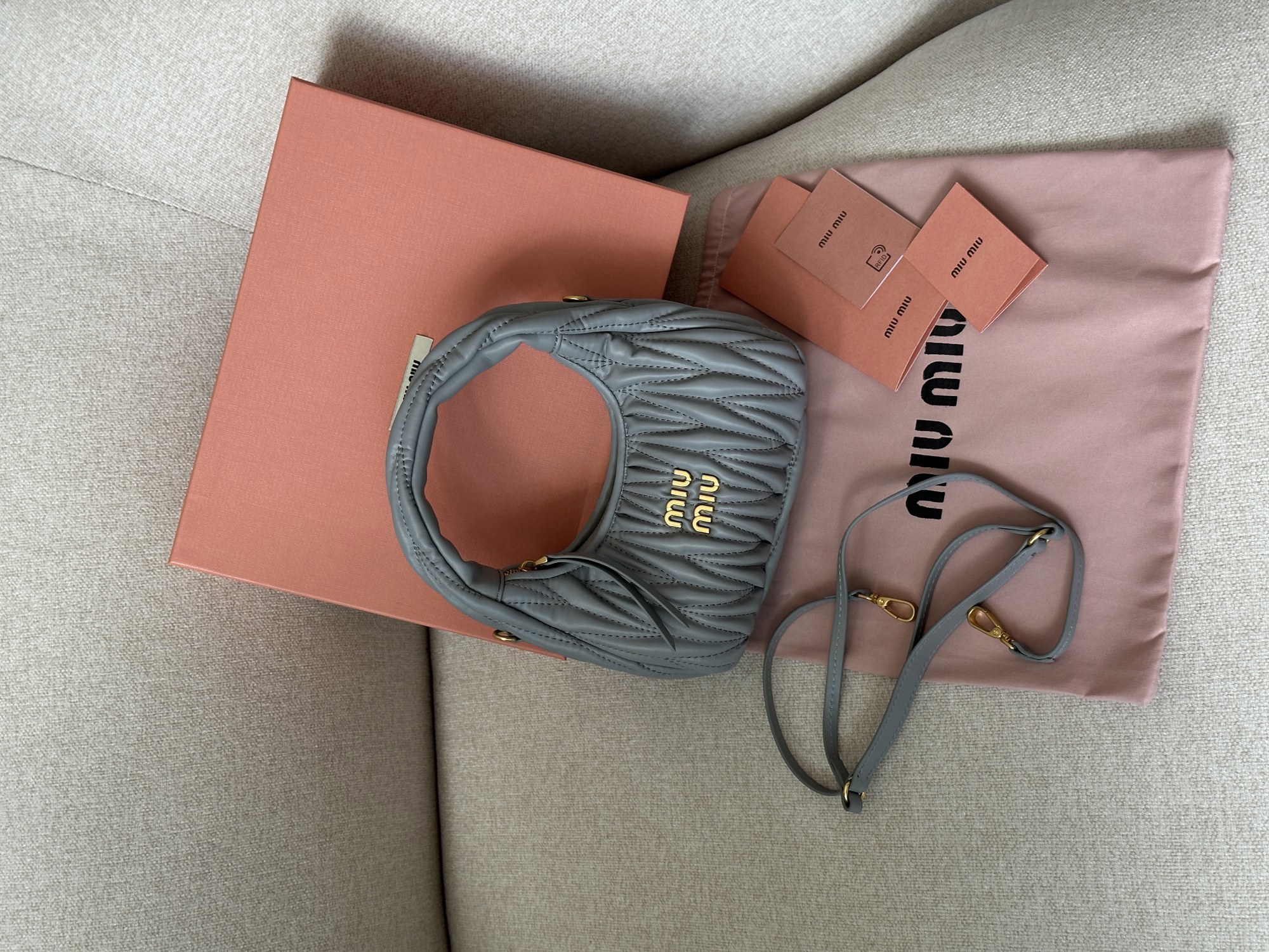 Miu Miu Wander Matelassé Nappa Leather Mini Hobo Bag Grey - 13
