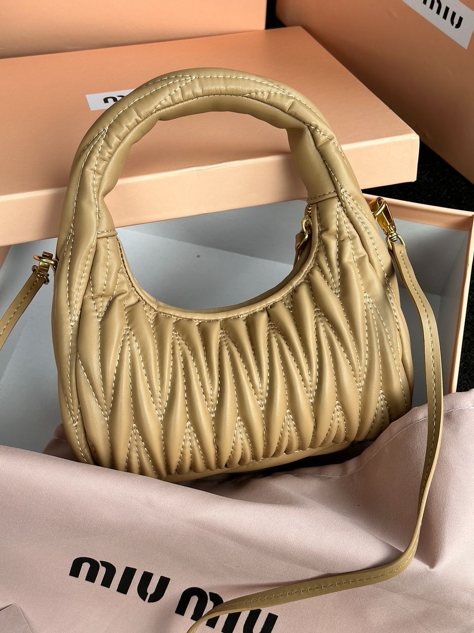 MiuMiu Wander Matelass? Nappa Leather Mini Hobo Bag Beige - 13