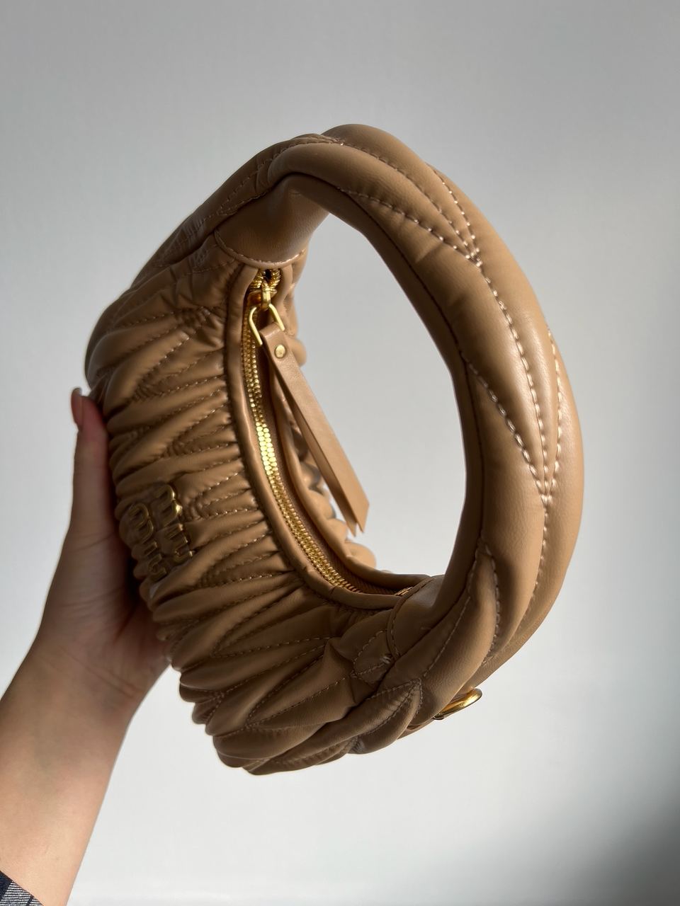 MiuMiu Wander Matelass? Nappa Leather Mini Hobo Bag Beige - 16