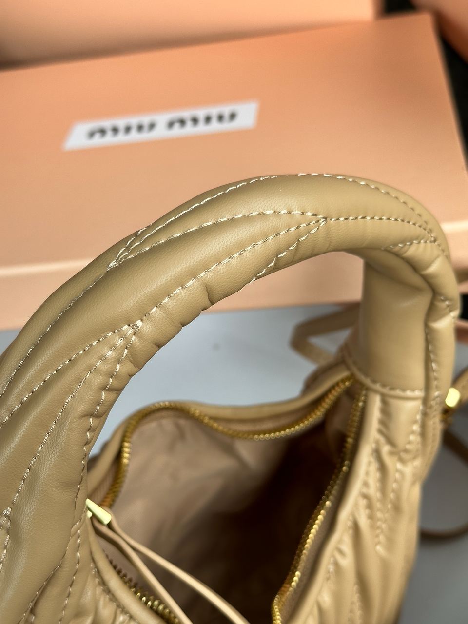 MiuMiu Wander Matelass? Nappa Leather Mini Hobo Bag Beige - 17