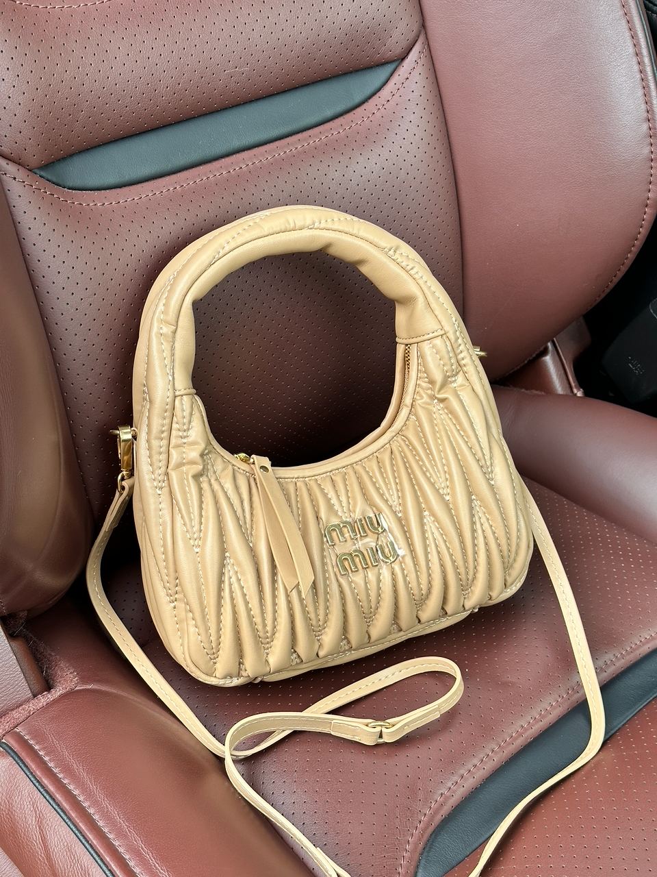 MiuMiu Wander Matelass? Nappa Leather Mini Hobo Bag Beige - 5