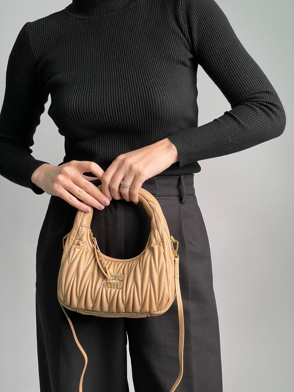 MiuMiu Wander Matelass? Nappa Leather Mini Hobo Bag Beige - 7