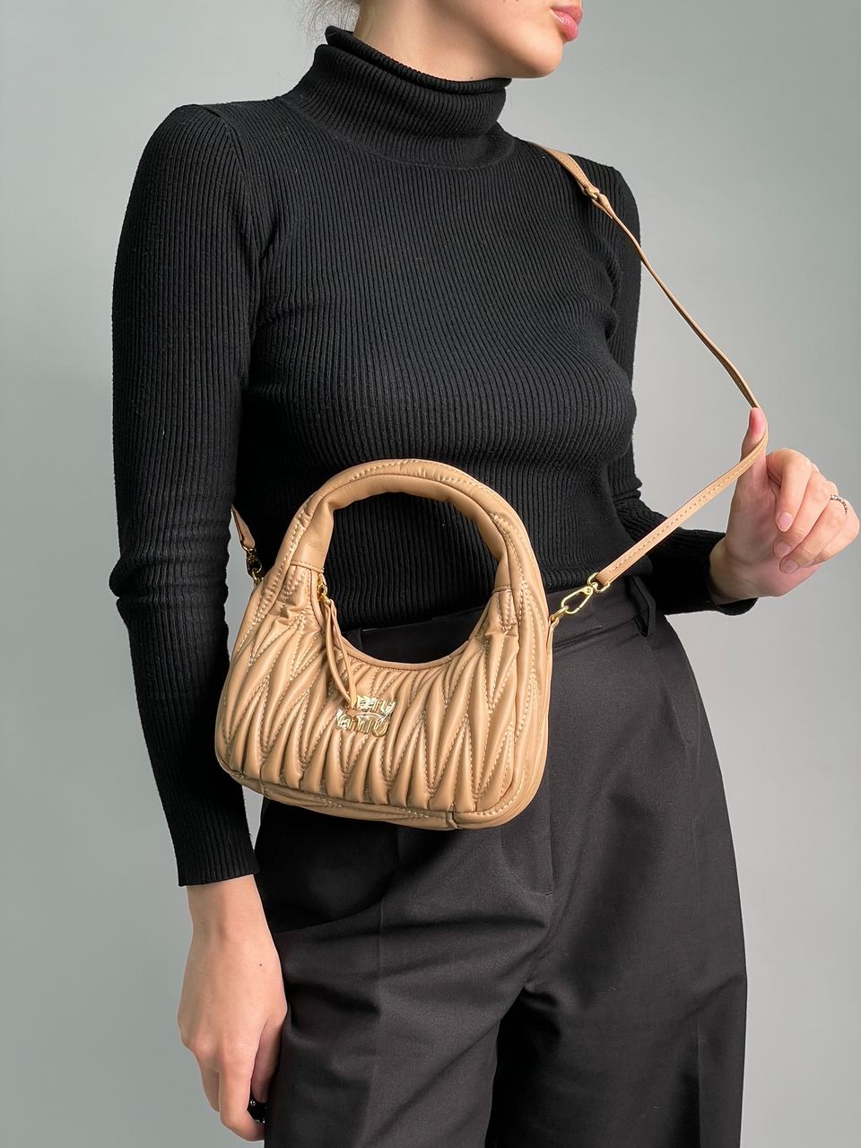 MiuMiu Wander Matelass? Nappa Leather Mini Hobo Bag Beige - 8