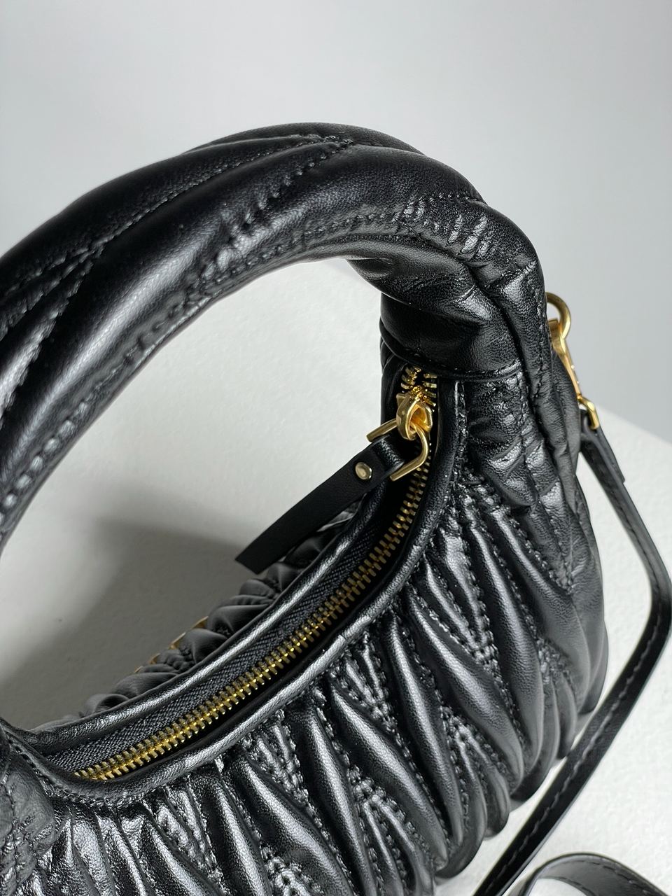 MiuMiu Wander Matelassé Nappa Leather Mini Hobo Bag Black - 23