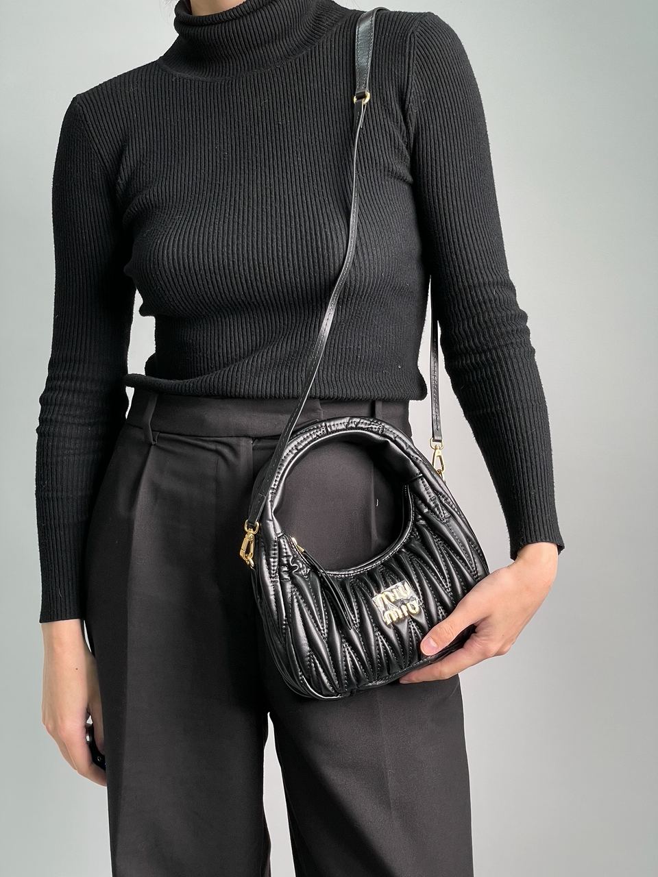 MiuMiu Wander Matelassé Nappa Leather Mini Hobo Bag Black - 7