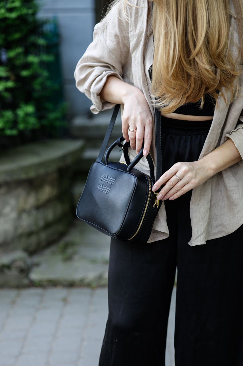 MiuMu Leather Top Handle Bag Black - 7