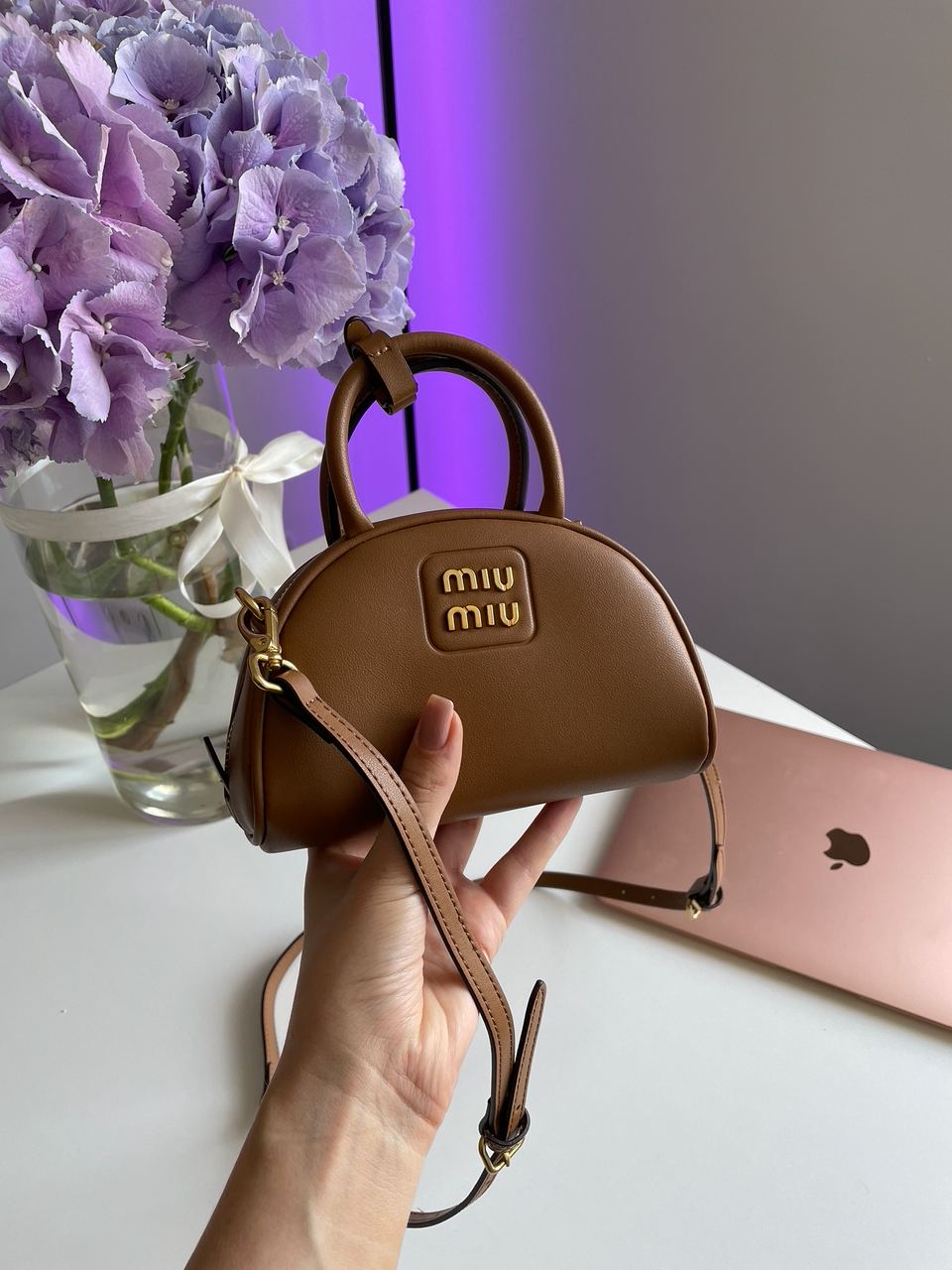 MiuMu Leather Top Handle Bag Brown - 11