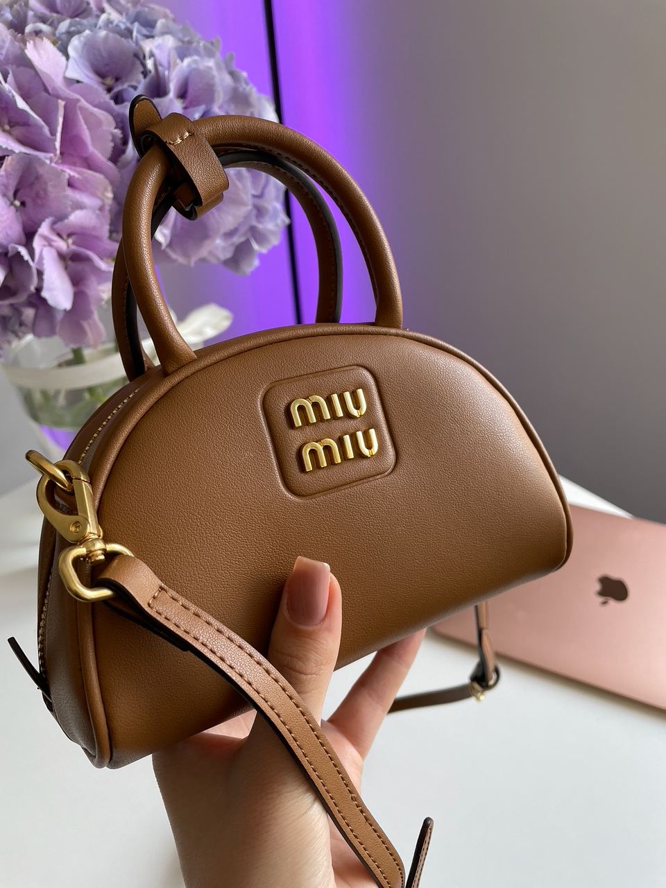 MiuMu Leather Top Handle Bag Brown - 12